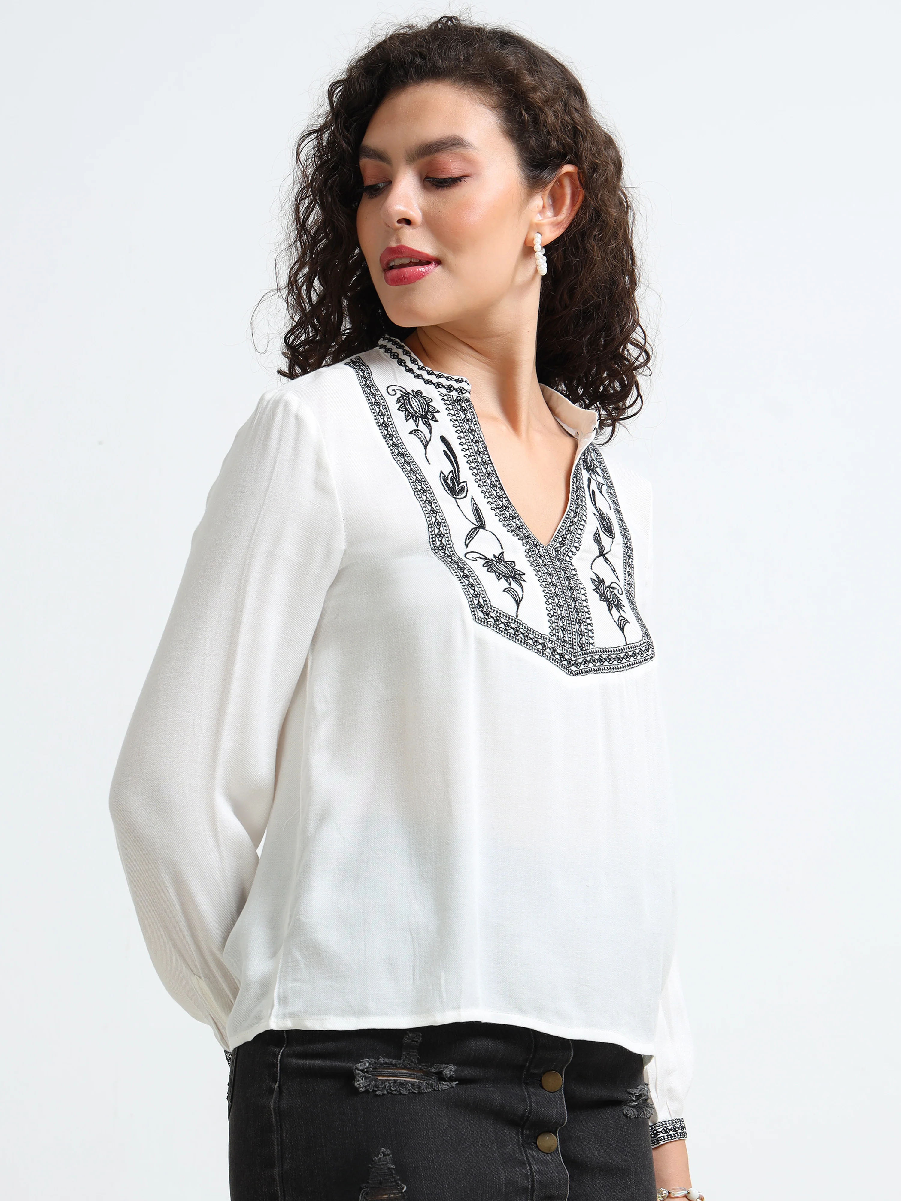Women White Embroidered Yoke Top - Image 4