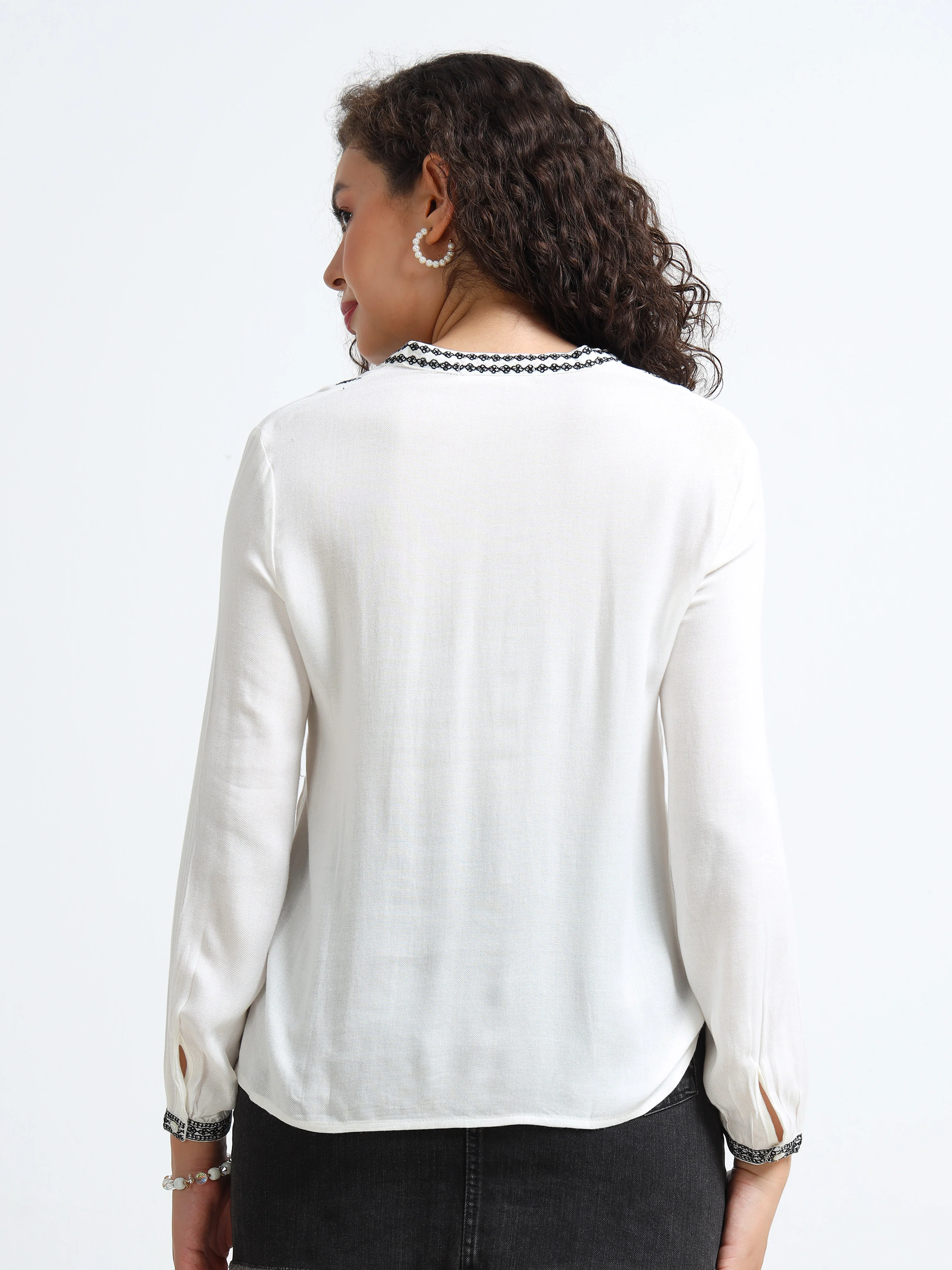 Women White Embroidered Yoke Top - Image 5