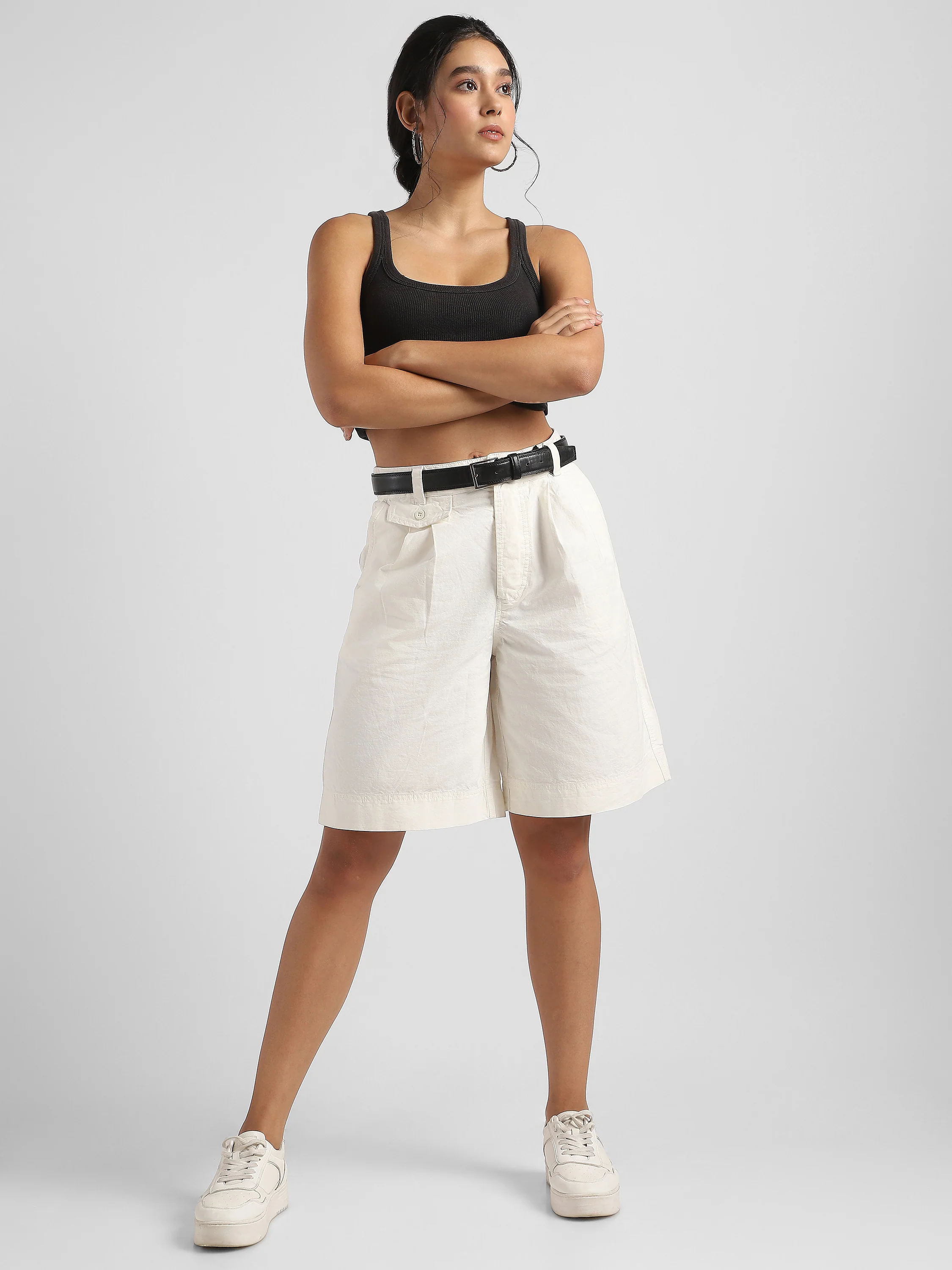 Women White Linen Blend Shorts - Image 2