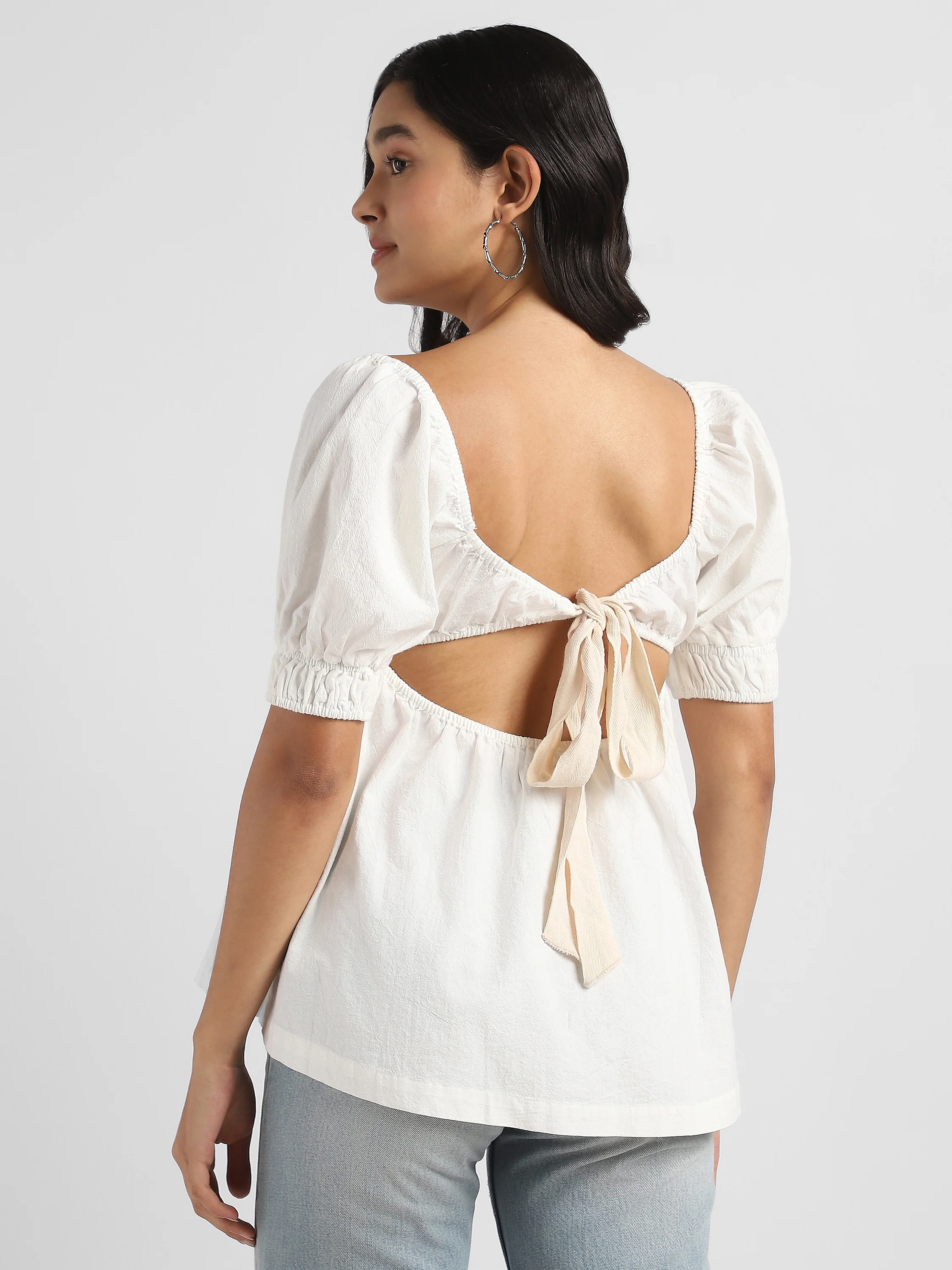 Women White Fit & Flare Back Tie Top - Image 2