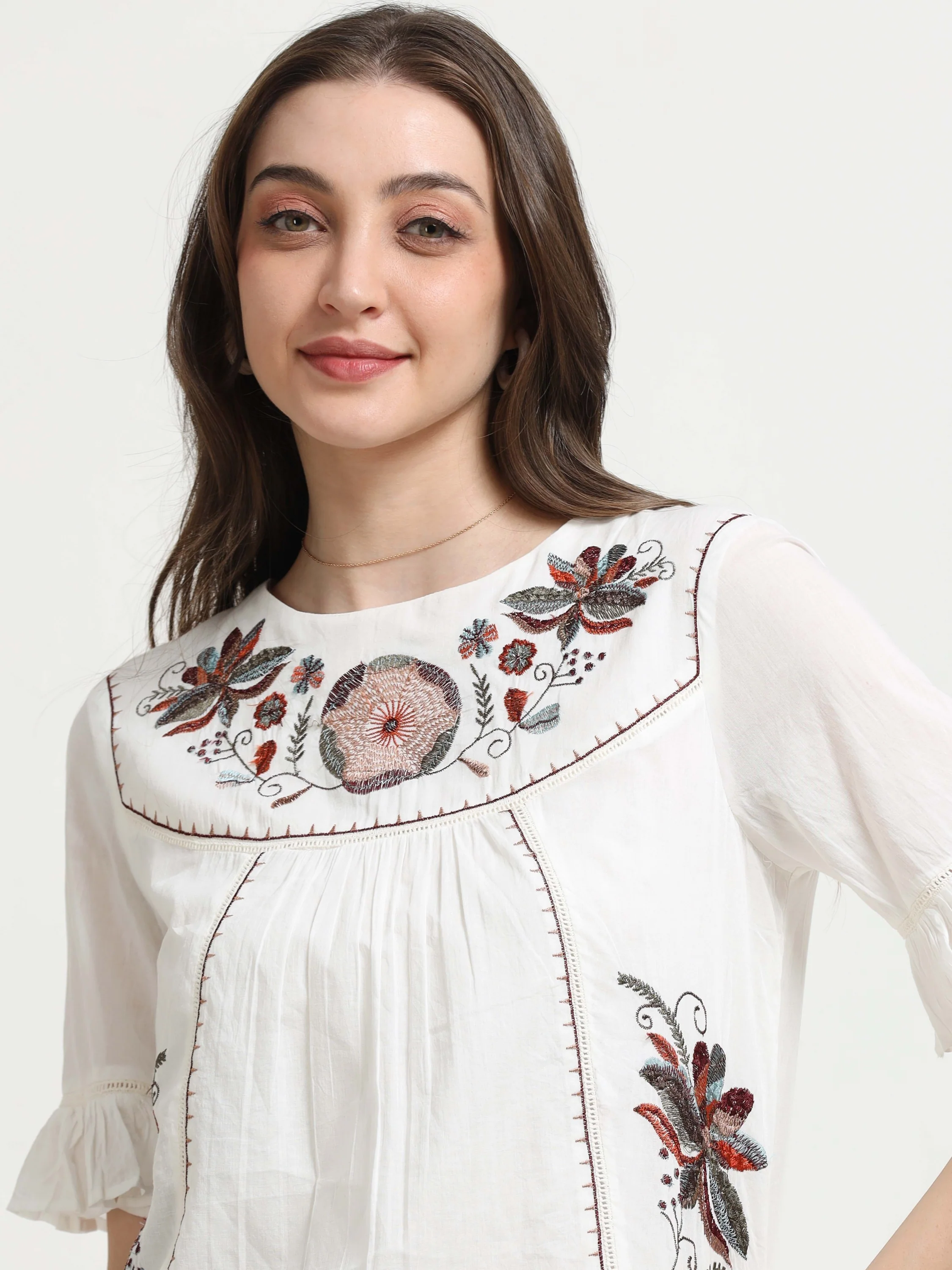 Women White Flared Embroidered Dress - Image 3