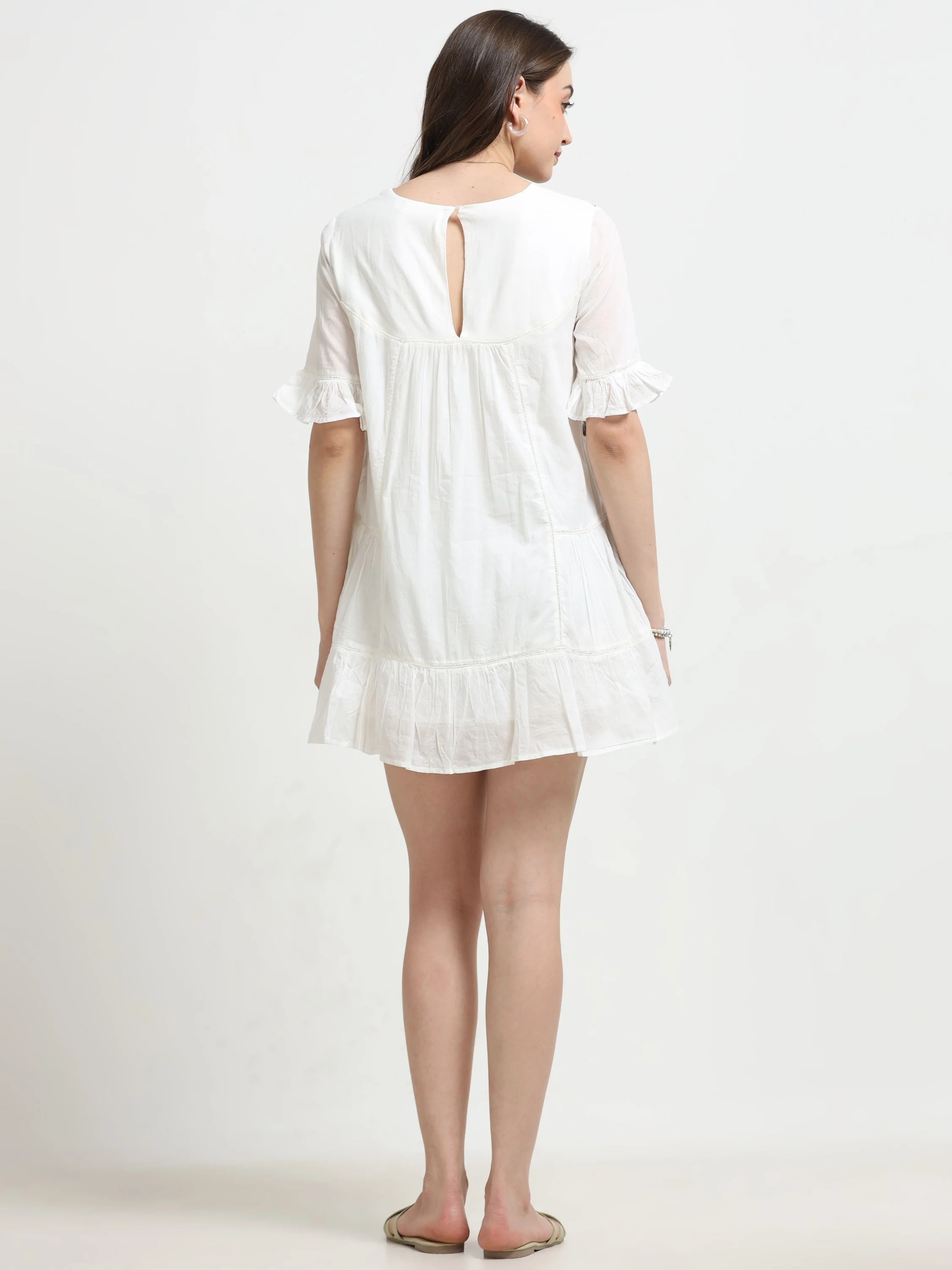 Women White Flared Embroidered Dress - Image 4