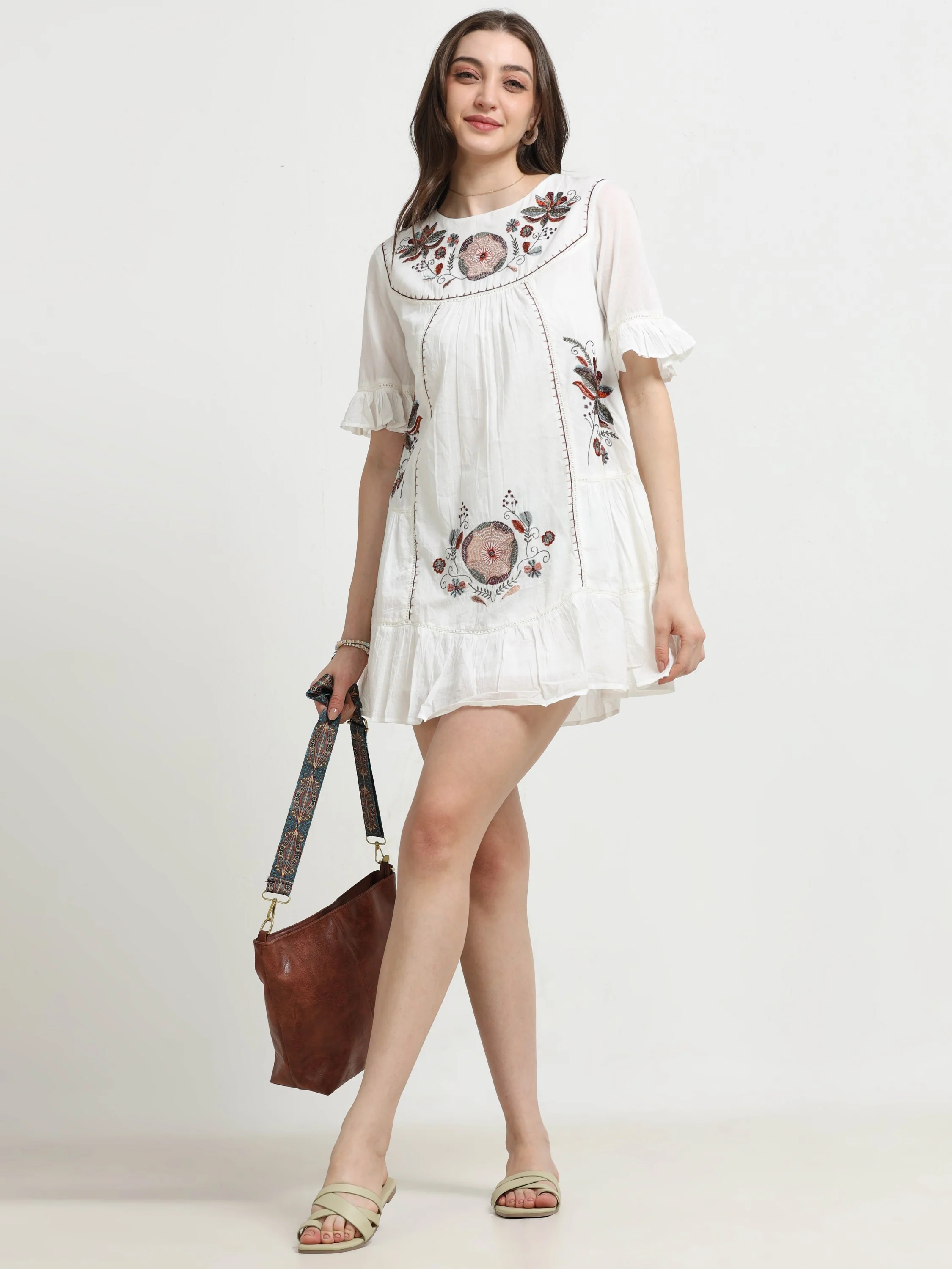 Women White Flared Embroidered Dress - Image 6
