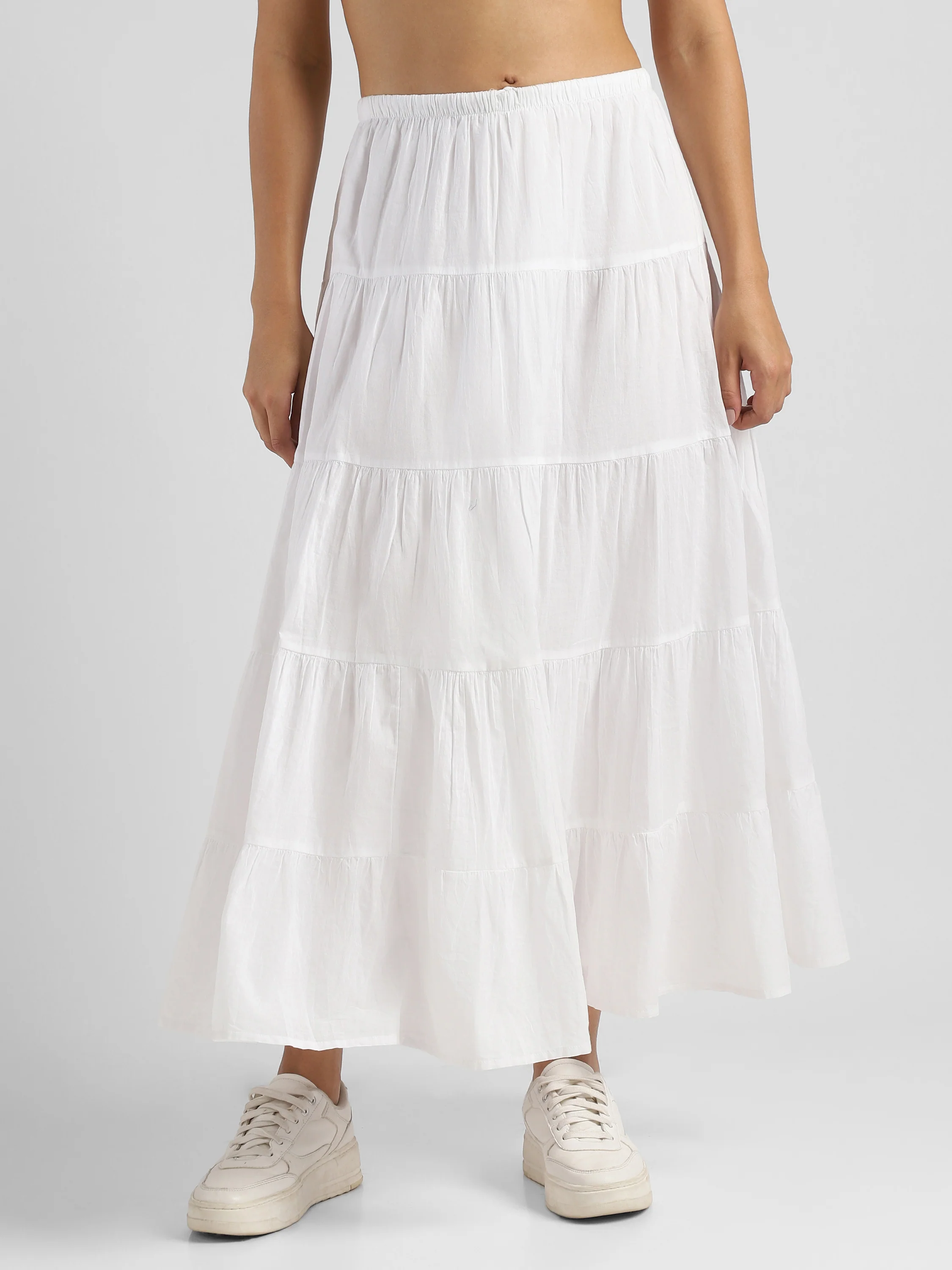 Women White Flared Tier Maxi Skirt - Image 2