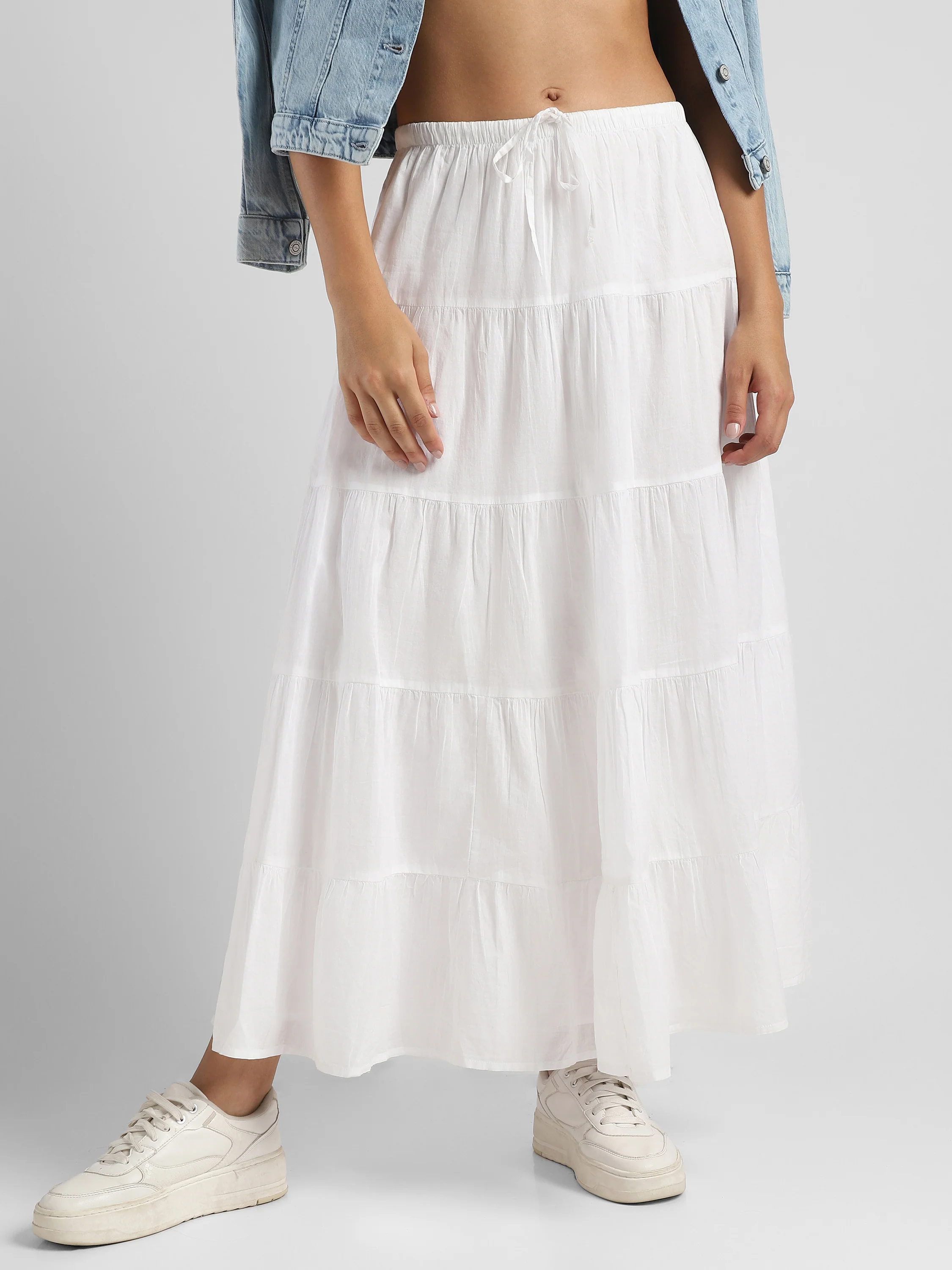 Women White Flared Tier Maxi Skirt - Image 3