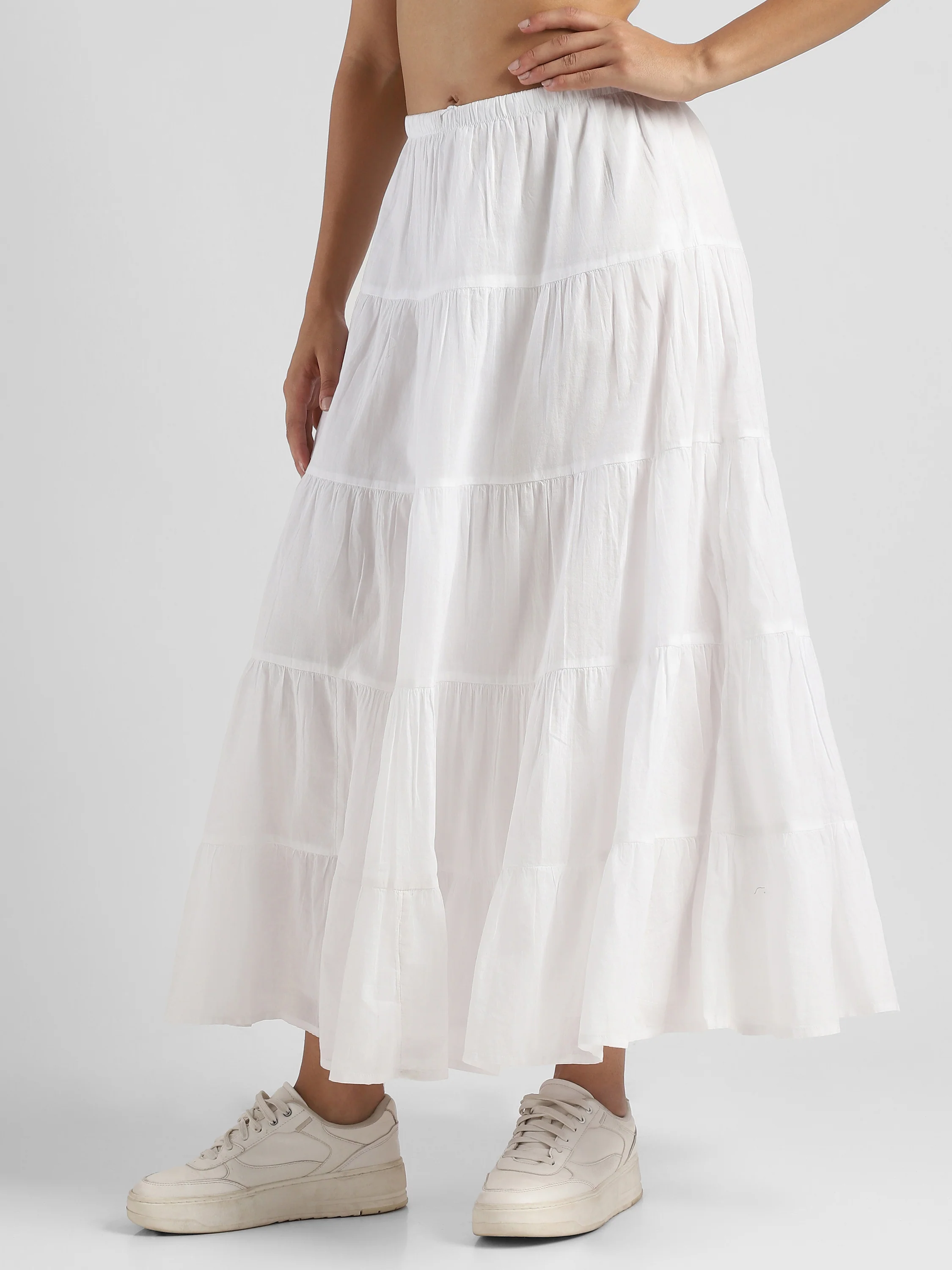 Women White Flared Tier Maxi Skirt - Image 5
