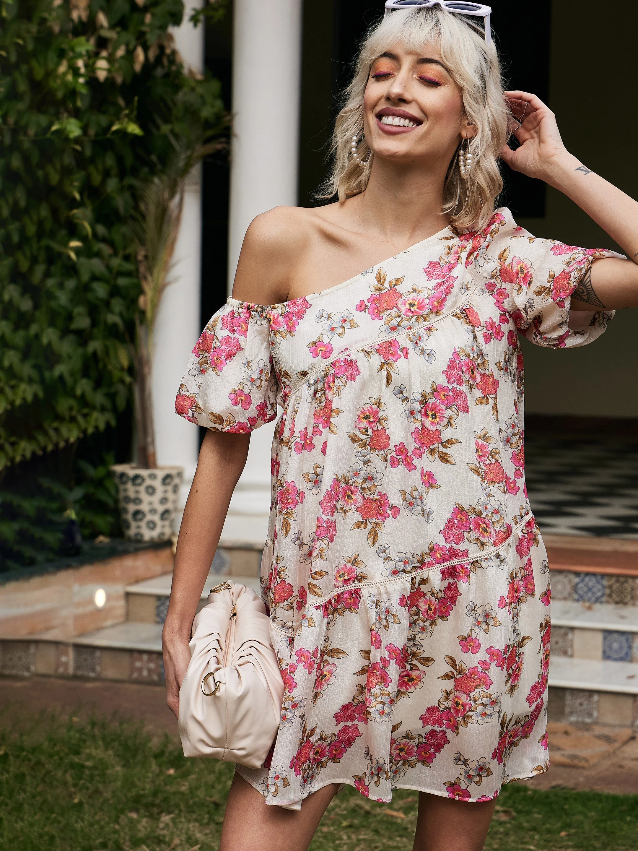 Women White Floral Chinon One Shoulder Boxy Dress - Image 2