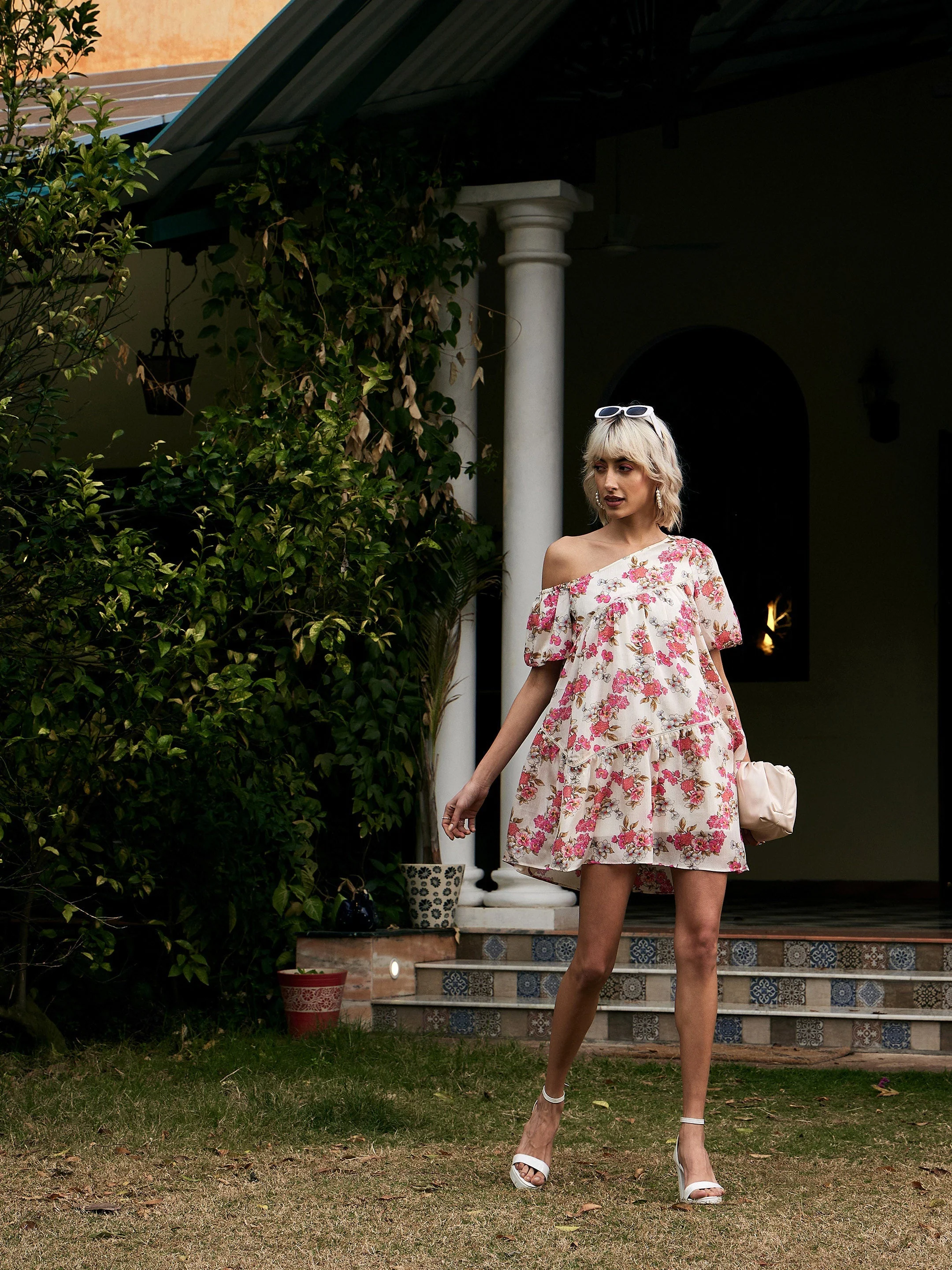 Women White Floral Chinon One Shoulder Boxy Dress - Image 3