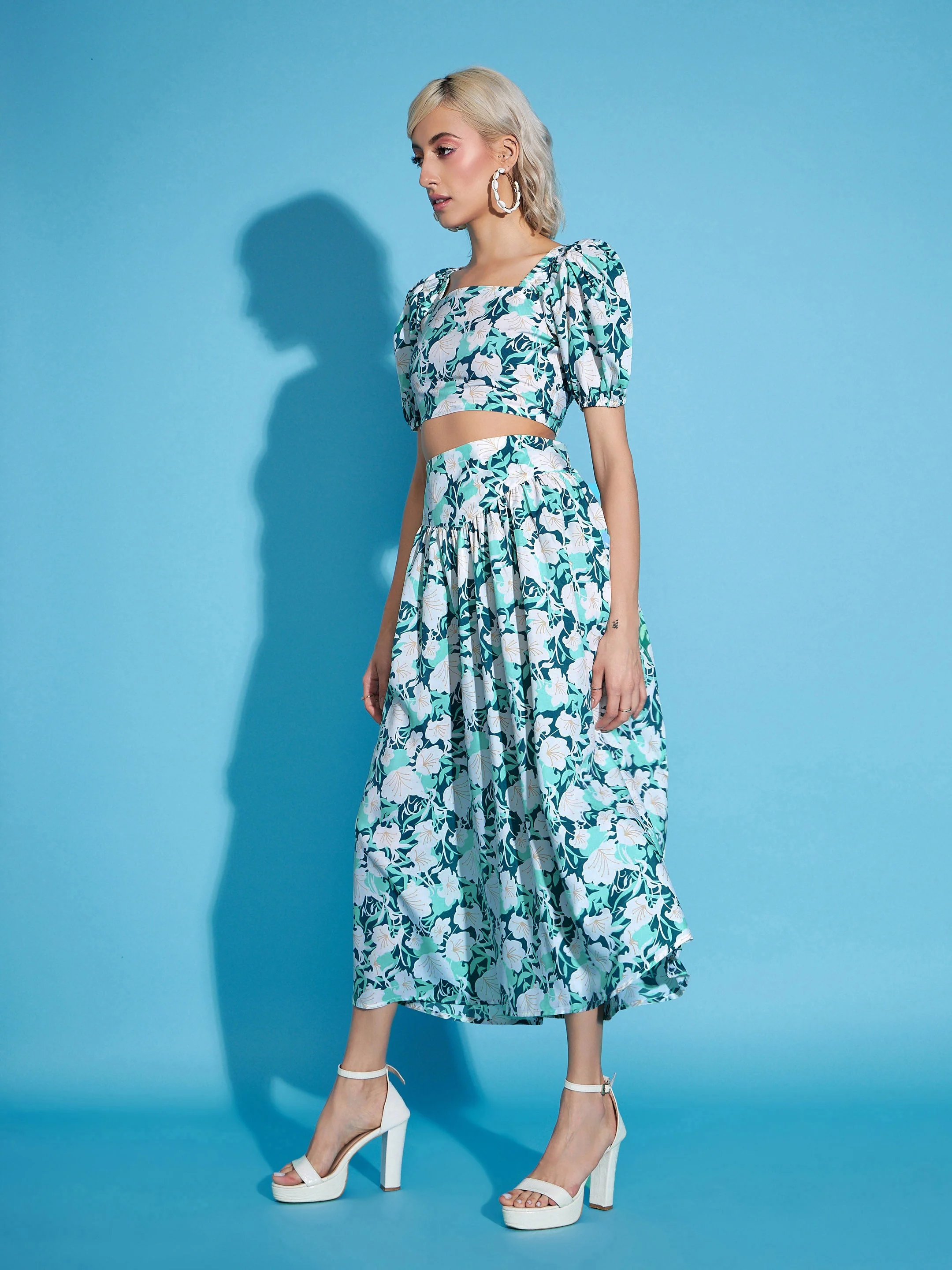 Women White Floral Crop Top With Flared Skirt - Image 3