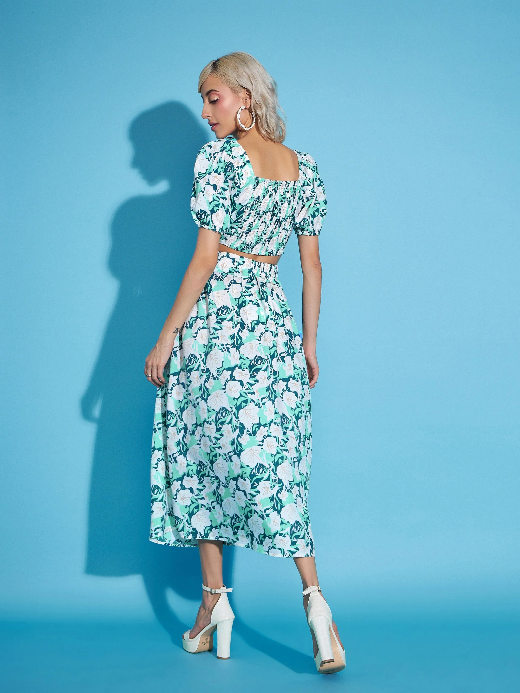 Women White Floral Crop Top With Flared Skirt - Image 6