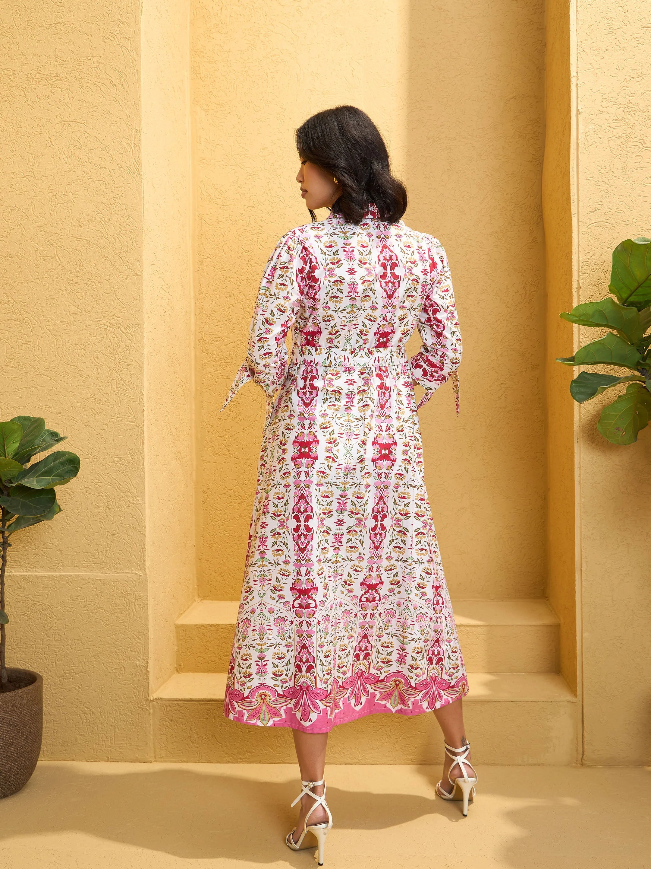 Women White Floral Front Button Belt Midi Dress - Image 2