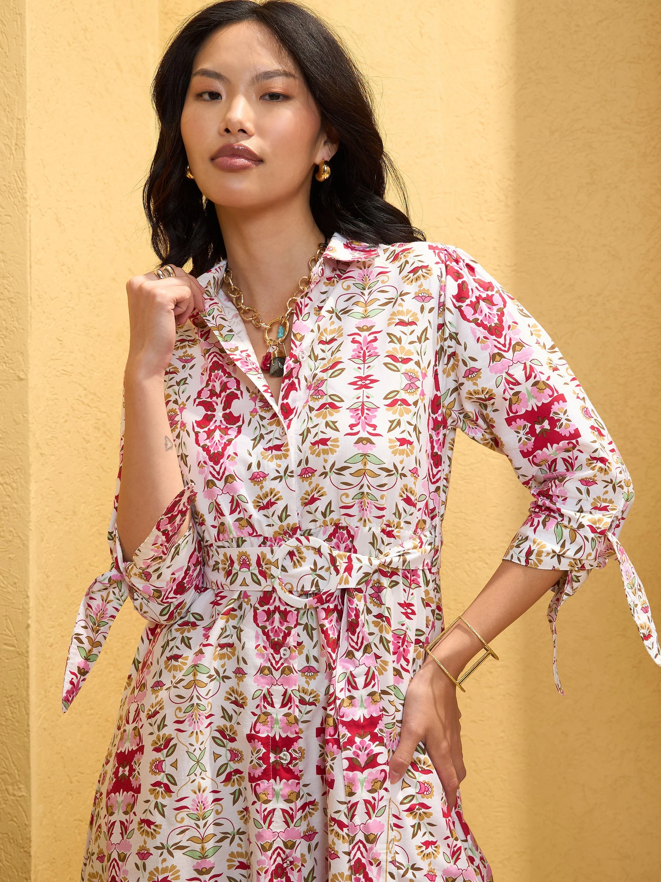 Women White Floral Front Button Belt Midi Dress - Image 3
