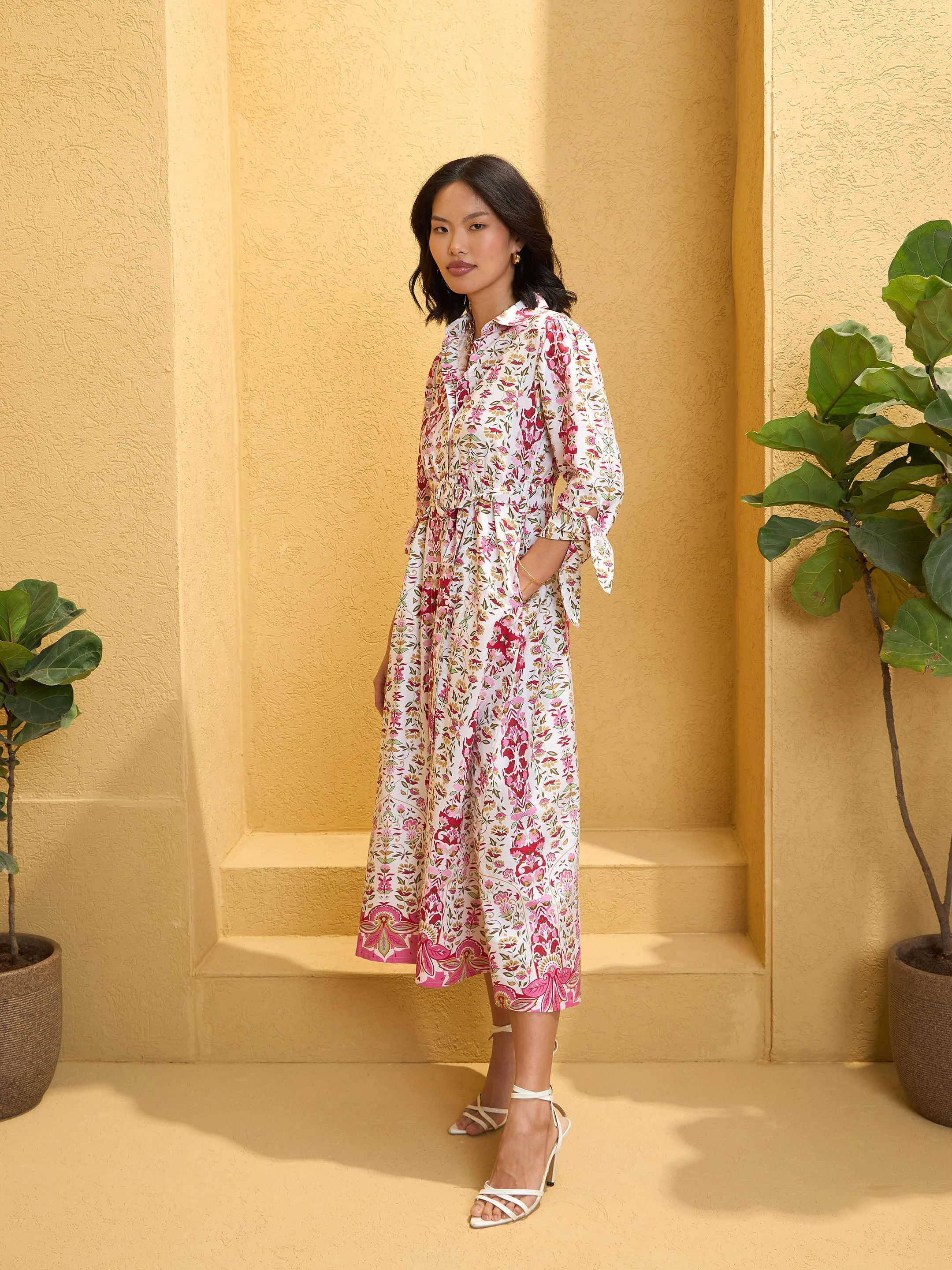 Women White Floral Front Button Belt Midi Dress - Image 5