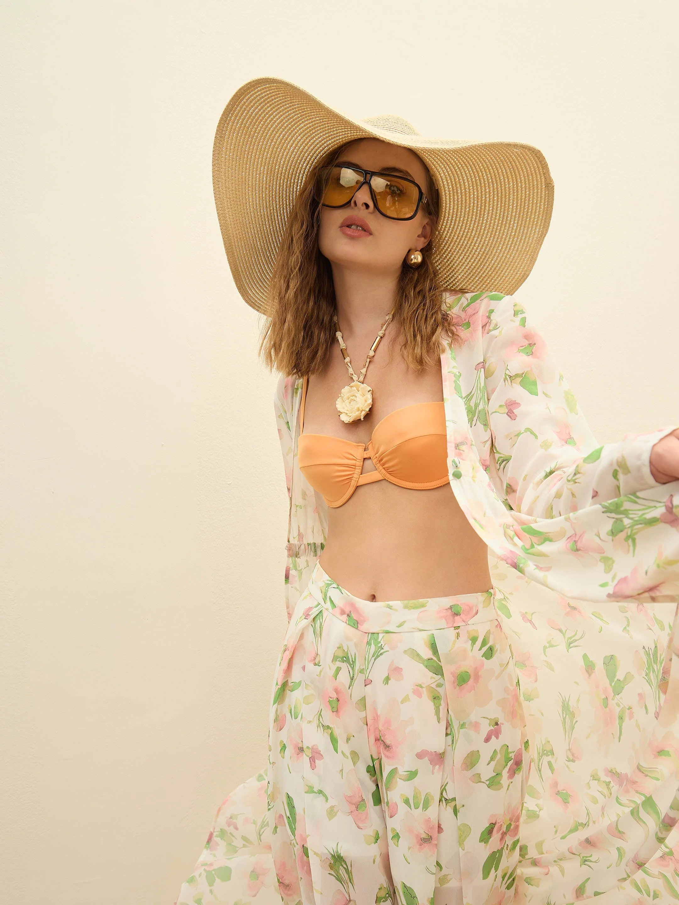 Women White Floral Long Top With Flared Pants - Image 2