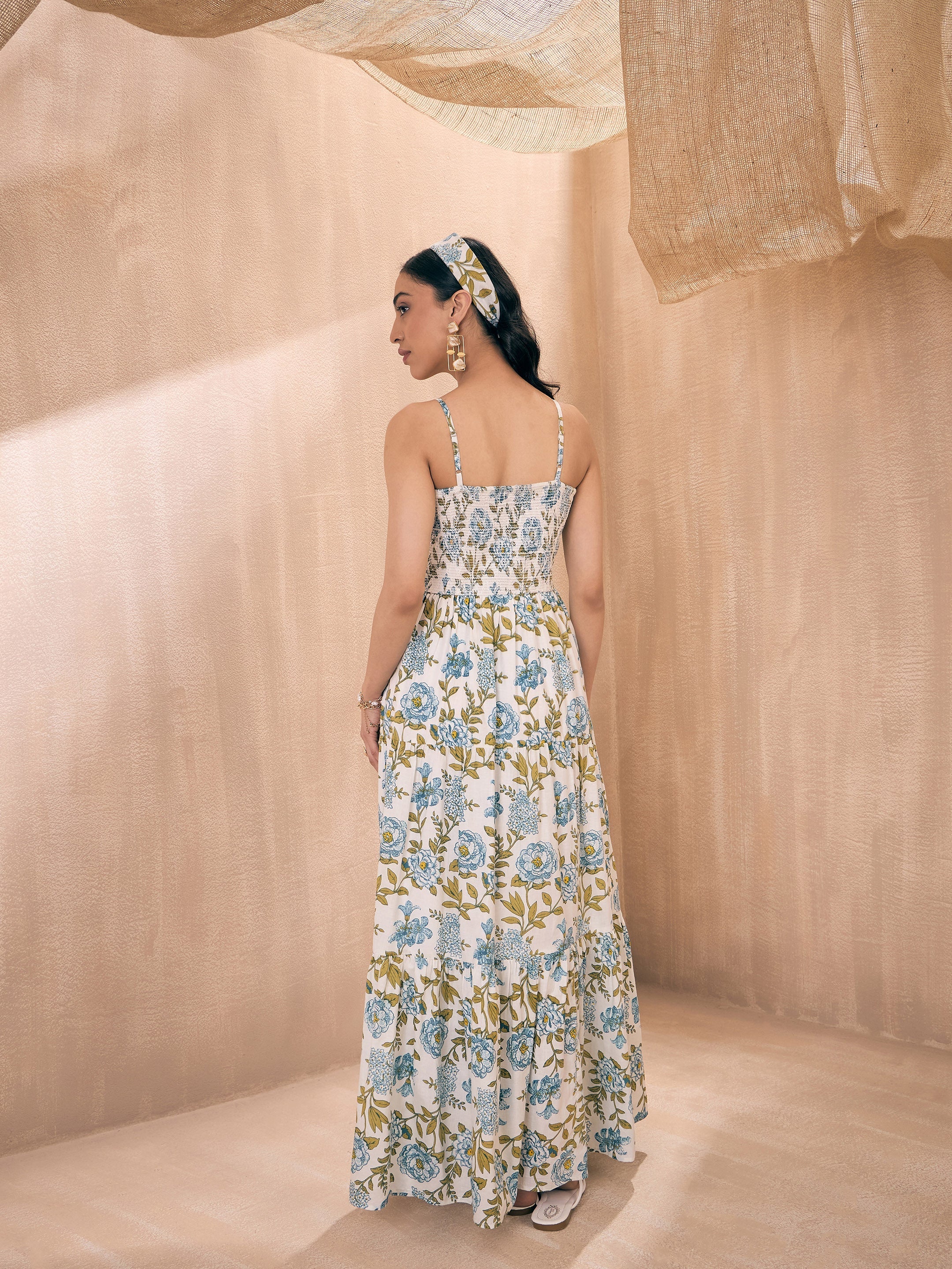 Women White Floral Smocked Bust Tiered Maxi - Image 2