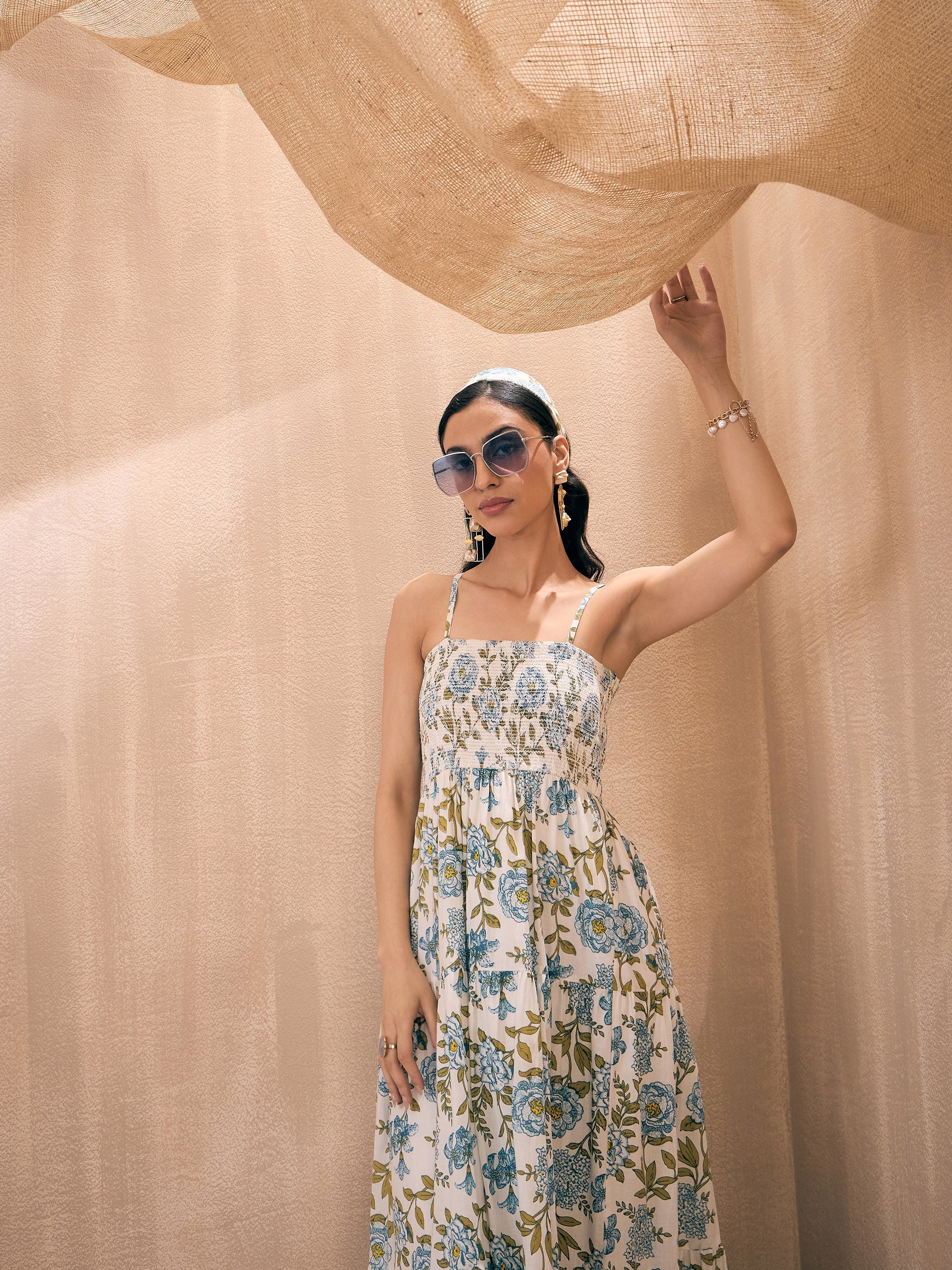 Women White Floral Smocked Bust Tiered Maxi - Image 4