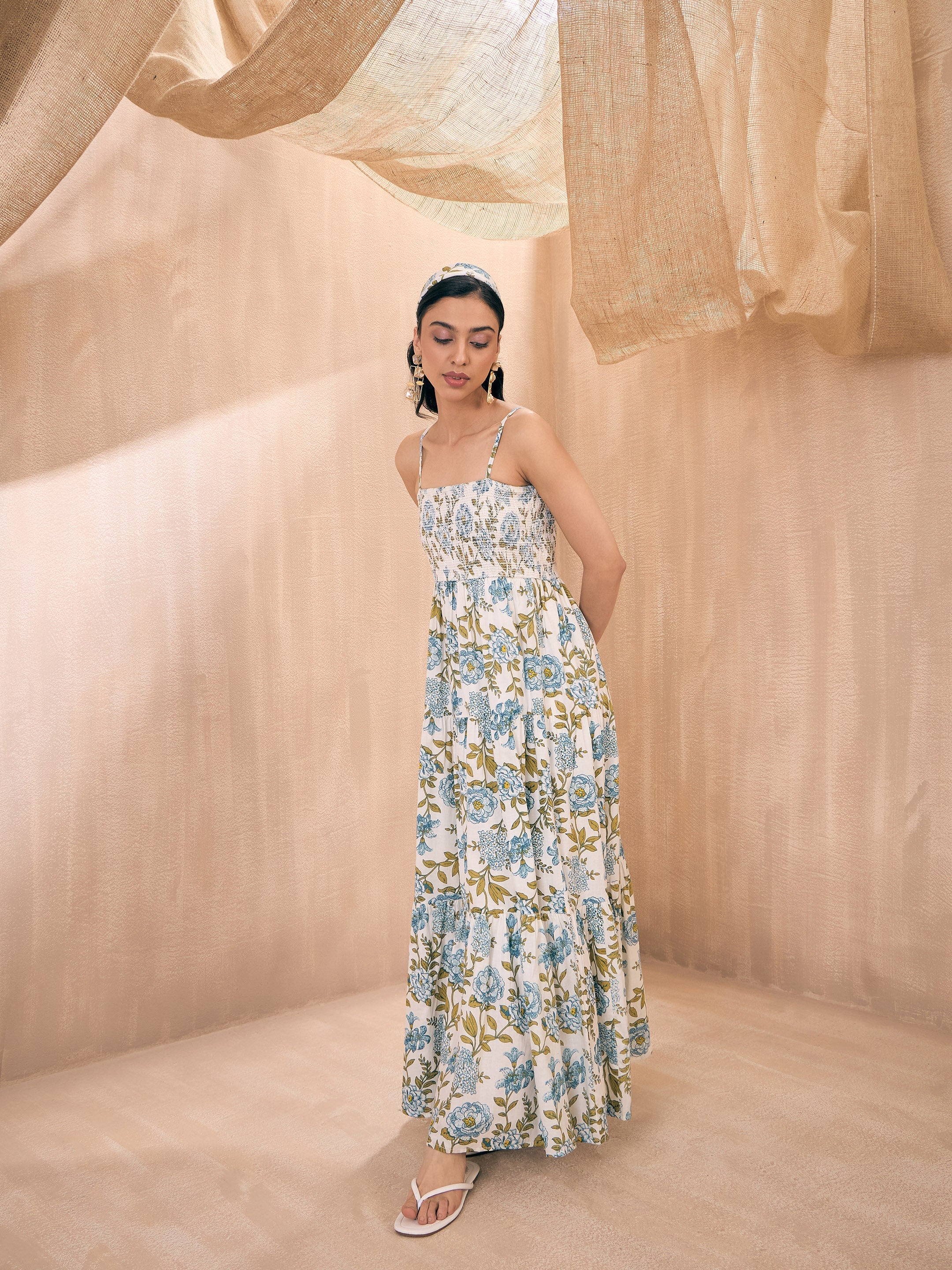 Women White Floral Smocked Bust Tiered Maxi - Image 5