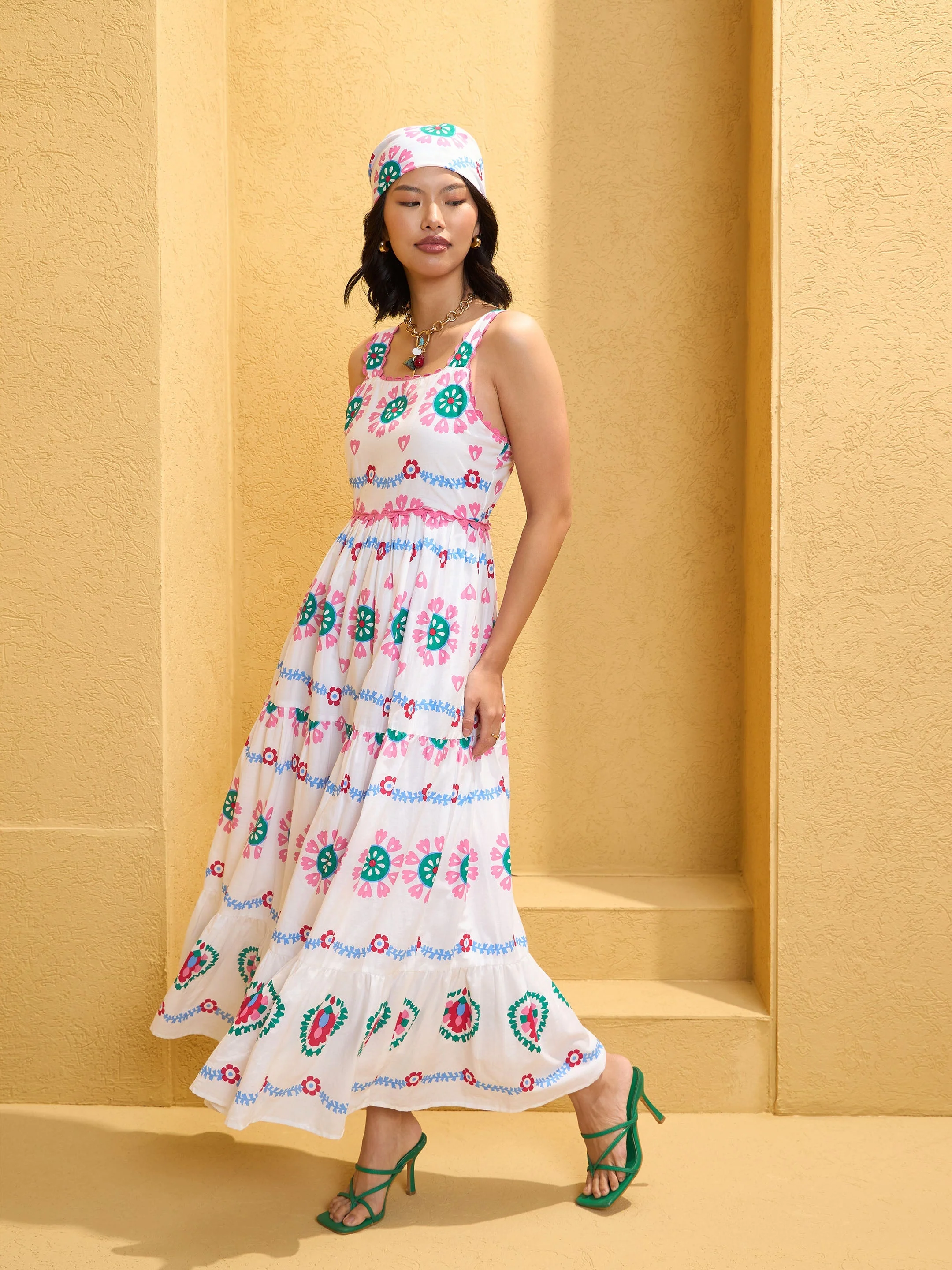 Women White Floral Strappy Tiered Maxi Dress - Image 5