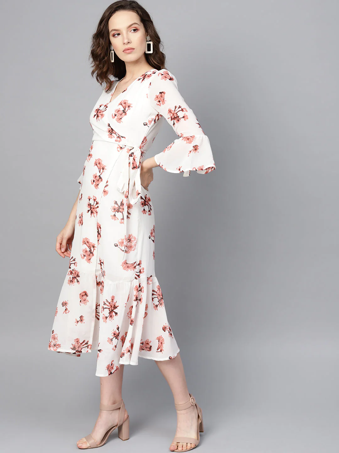 Women White Floral Wrap Tie Dress - Image 2