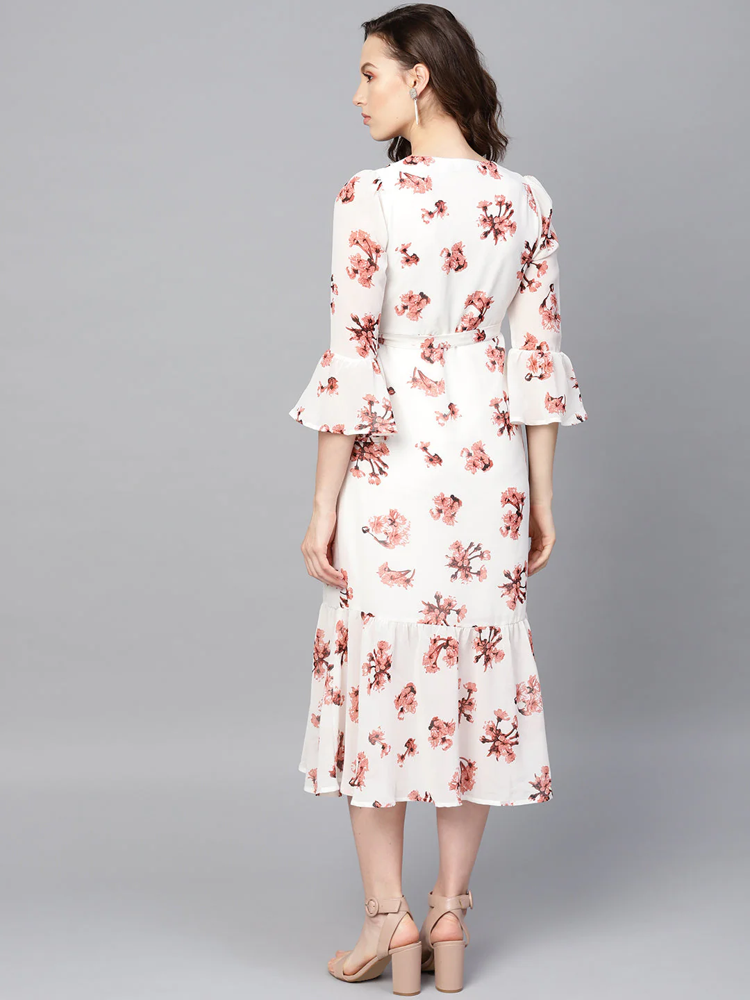 Women White Floral Wrap Tie Dress - Image 3