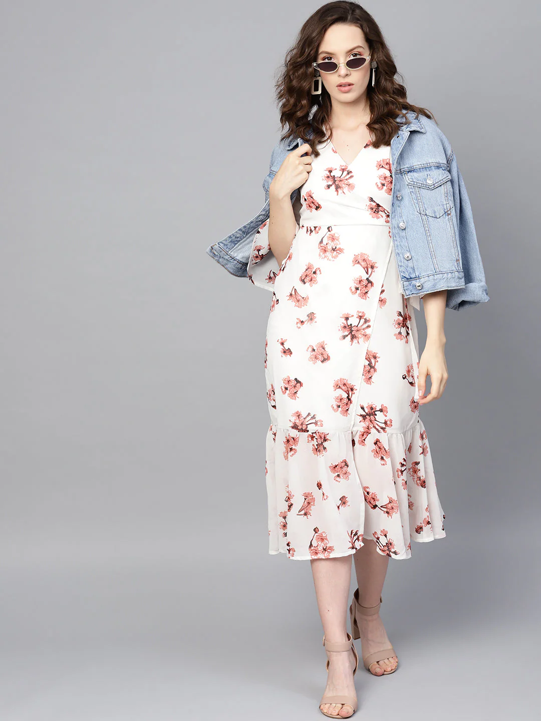 Women White Floral Wrap Tie Dress - Image 4
