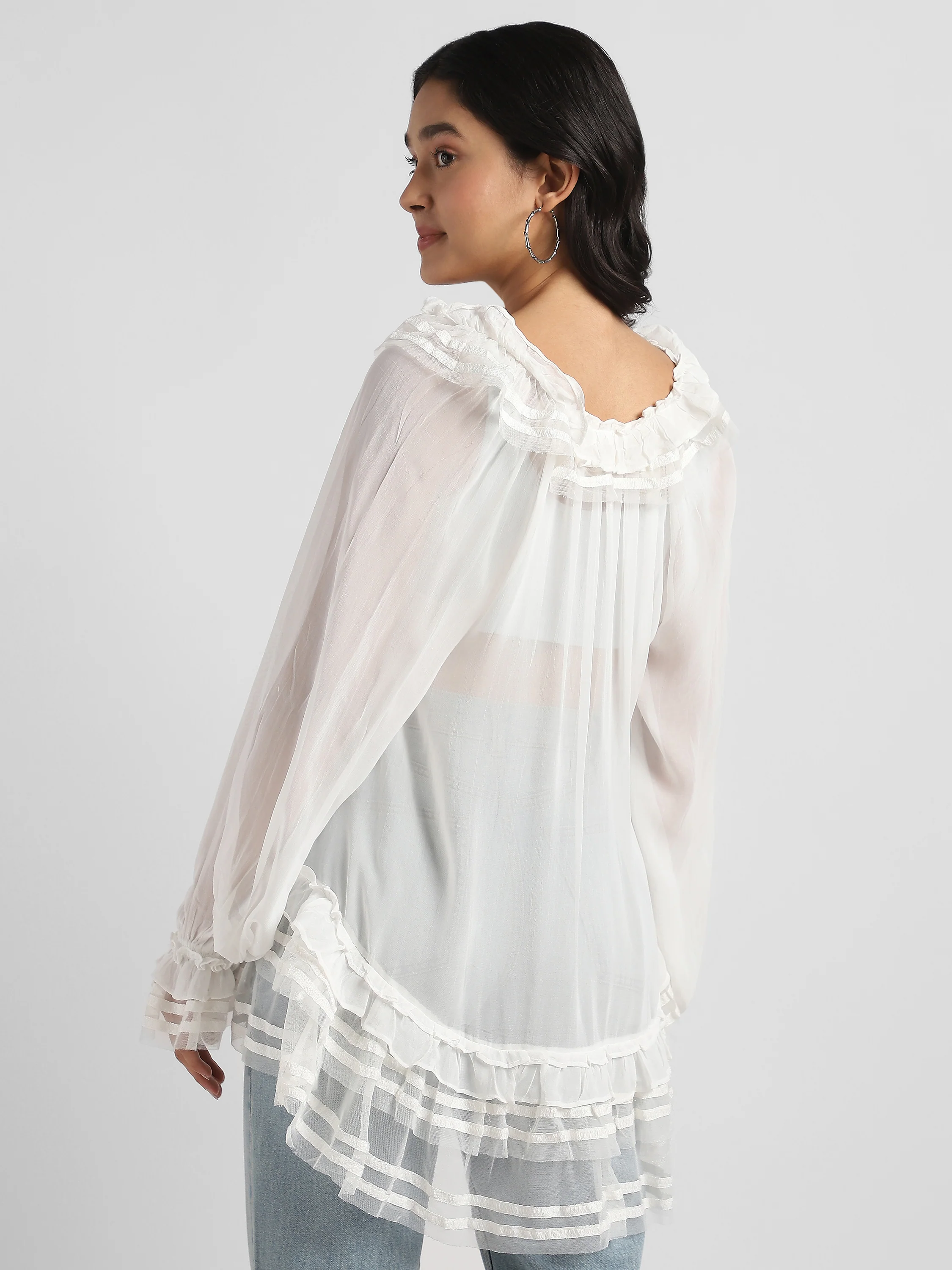 Women White Frilled high low hem top - Image 2