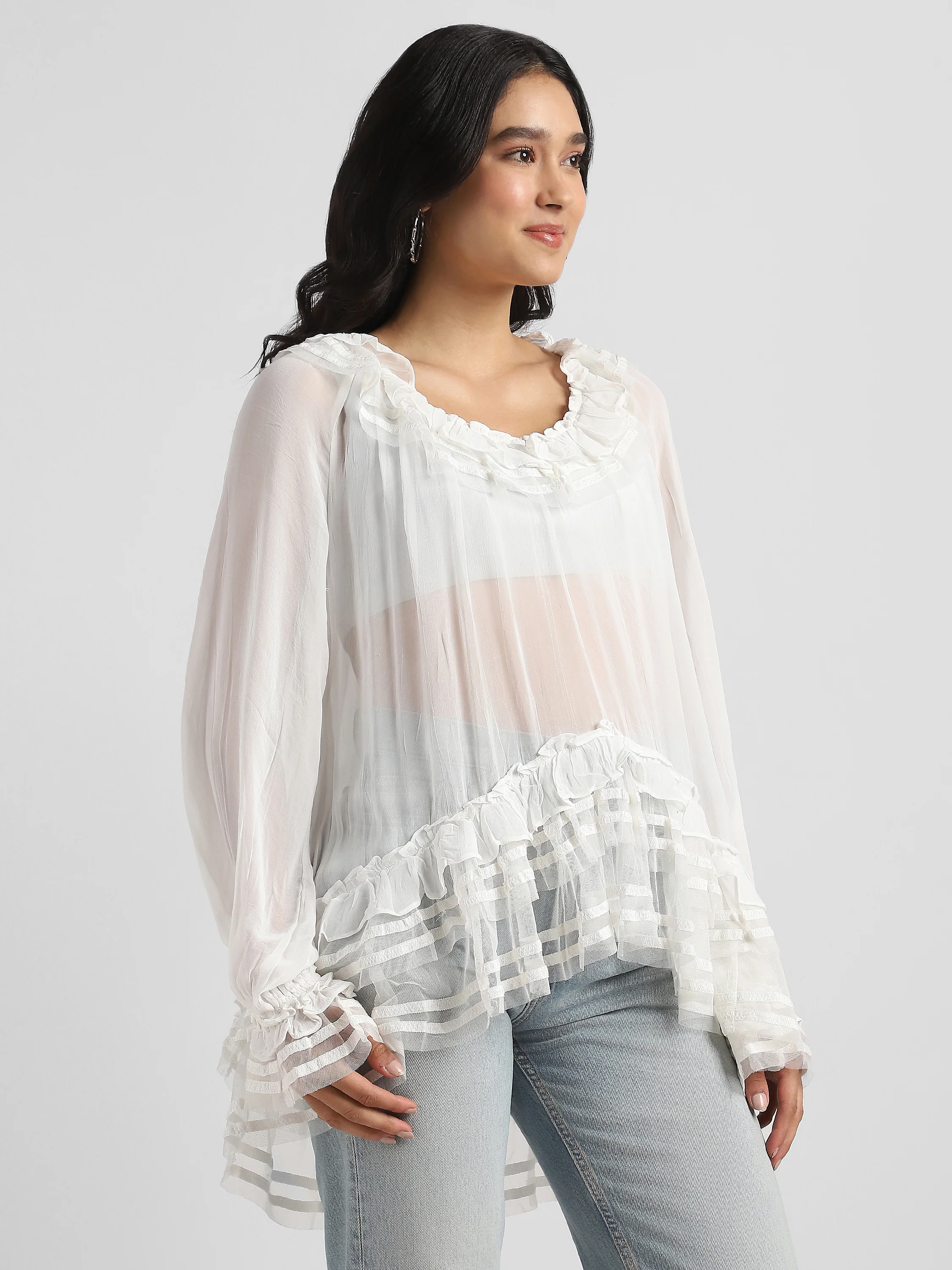 Women White Frilled high low hem top - Image 3