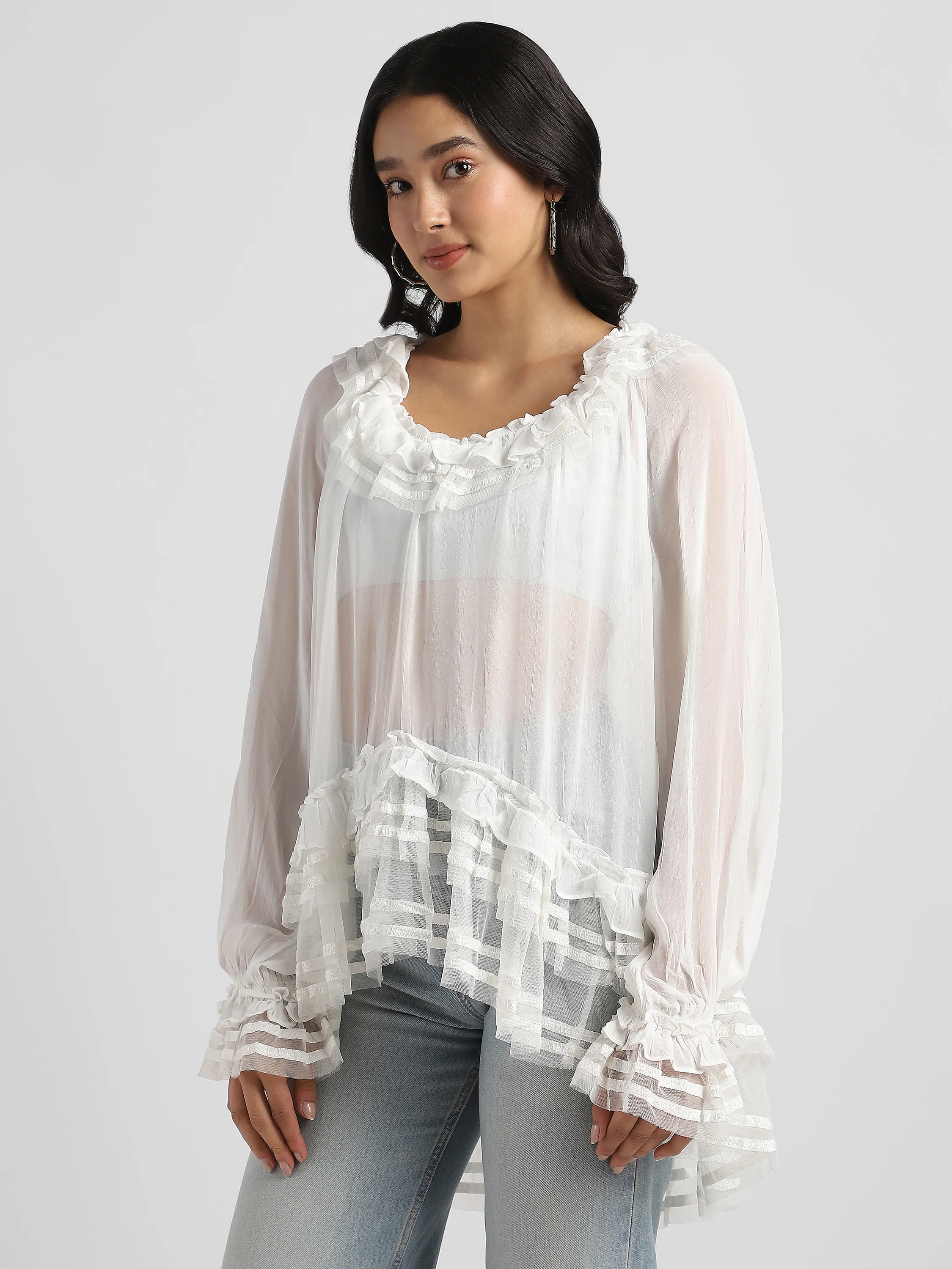 Women White Frilled high low hem top - Image 4