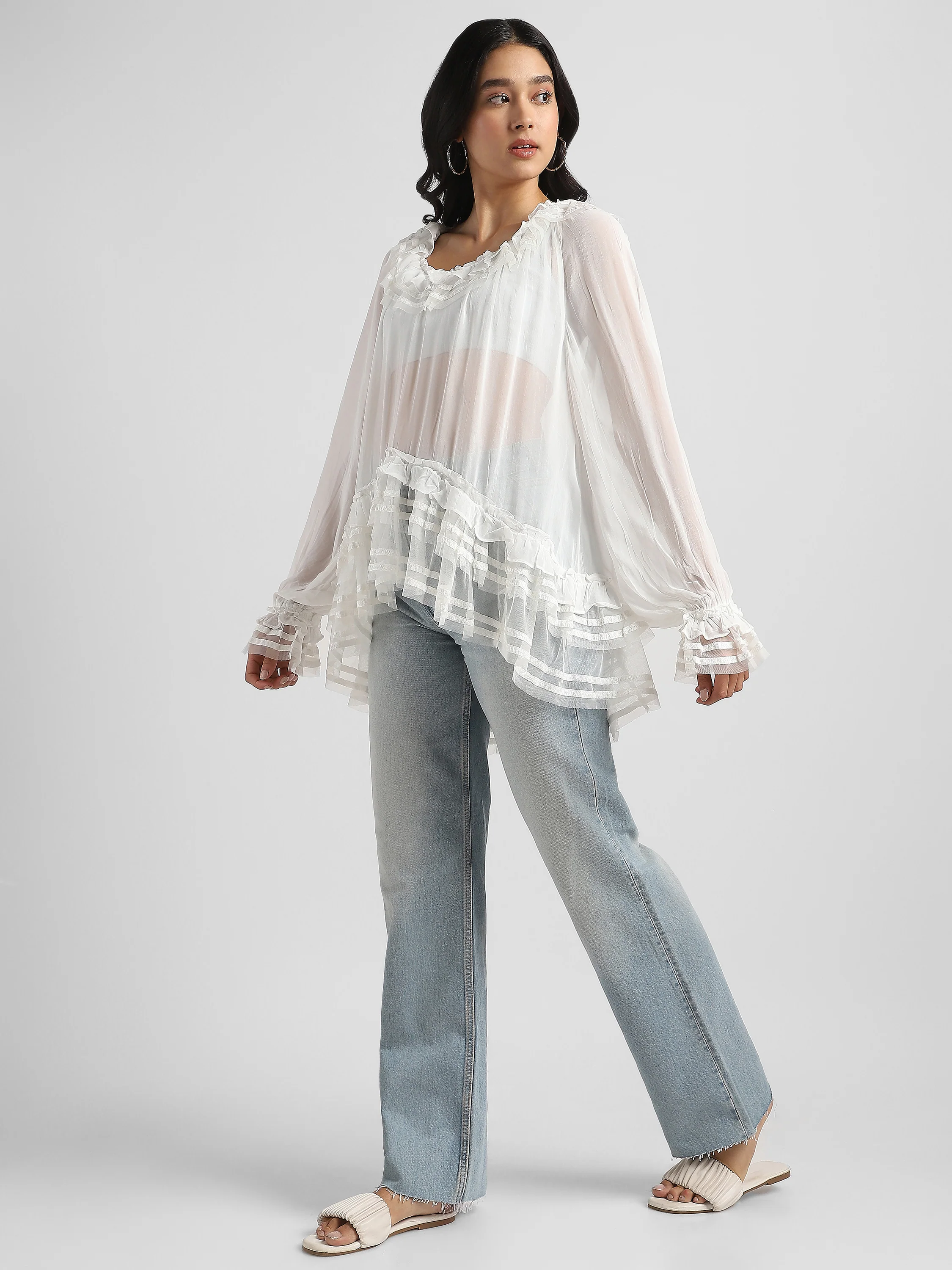 Women White Frilled high low hem top - Image 5