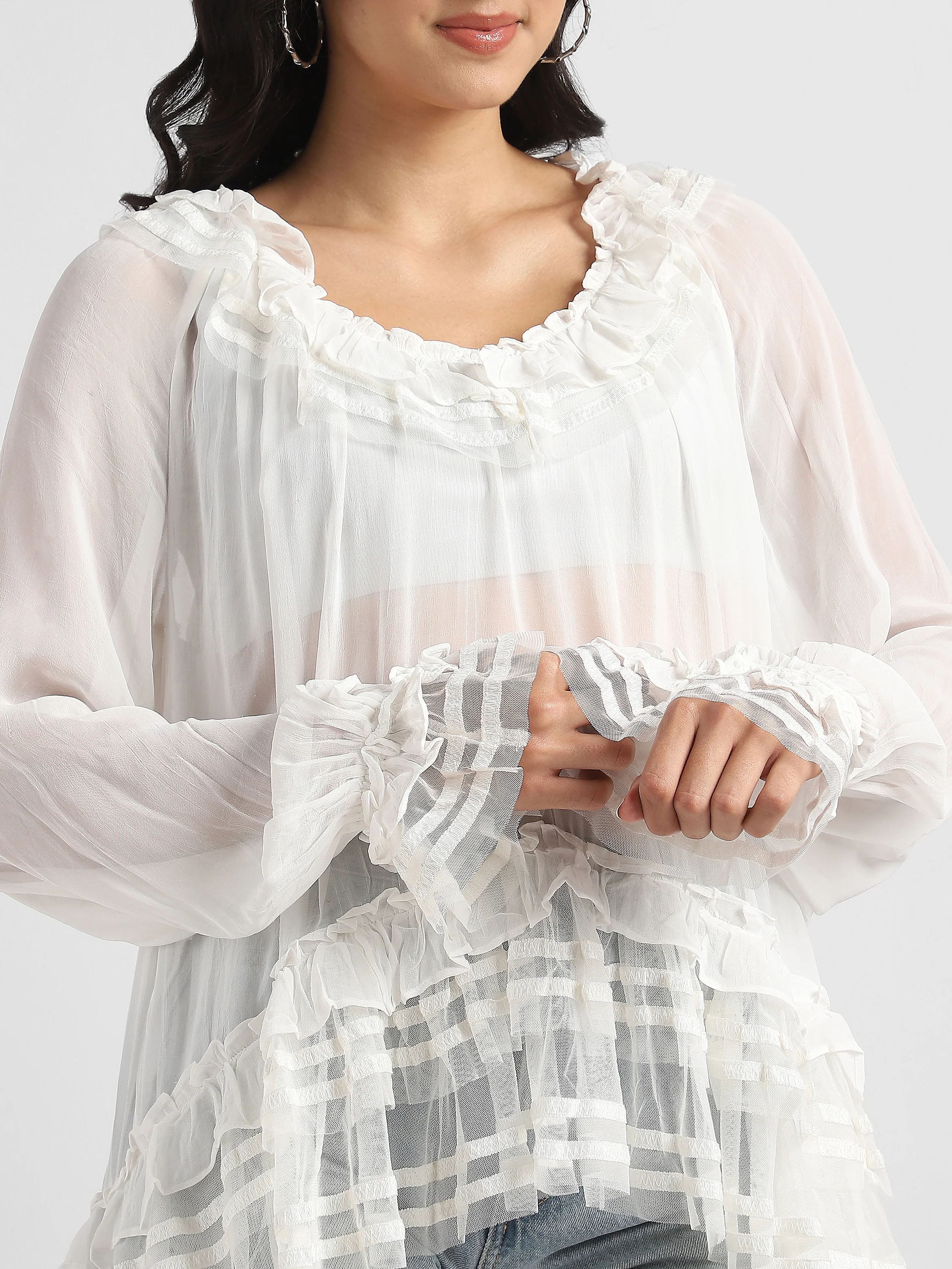 Women White Frilled high low hem top - Image 6