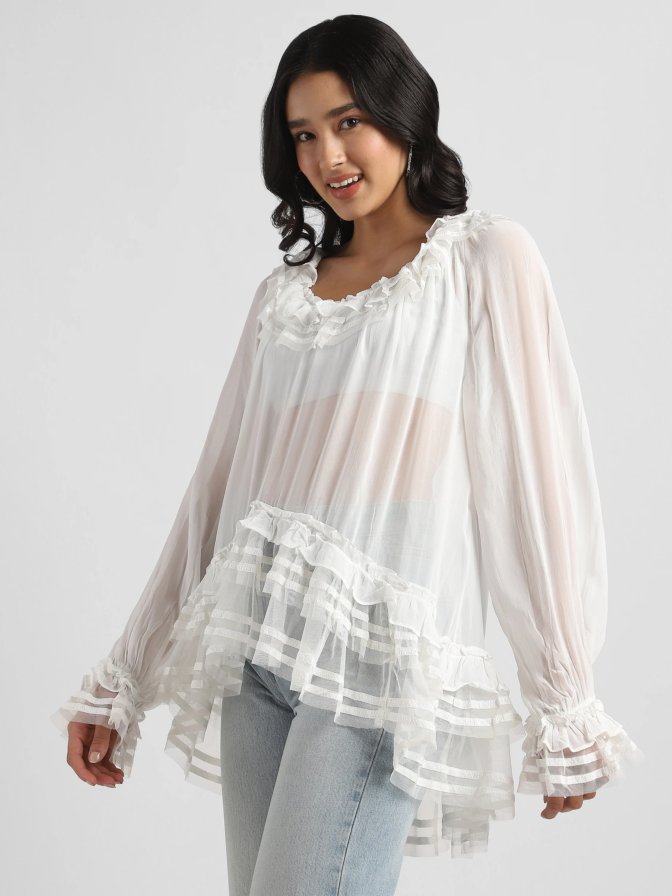 Women White Frilled high low hem top - Image 7