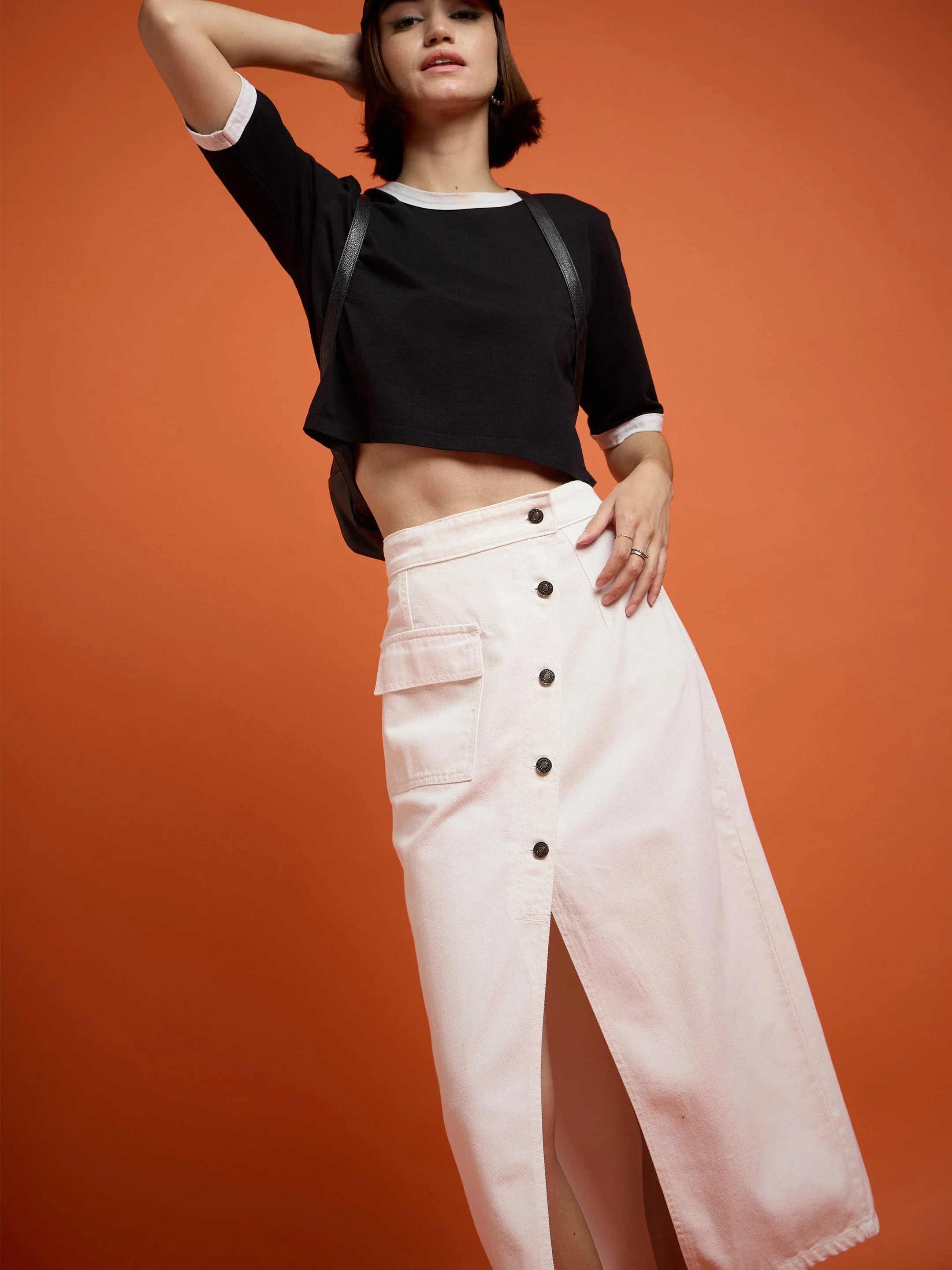 Women White Front Button Wrap Skirt - Image 2