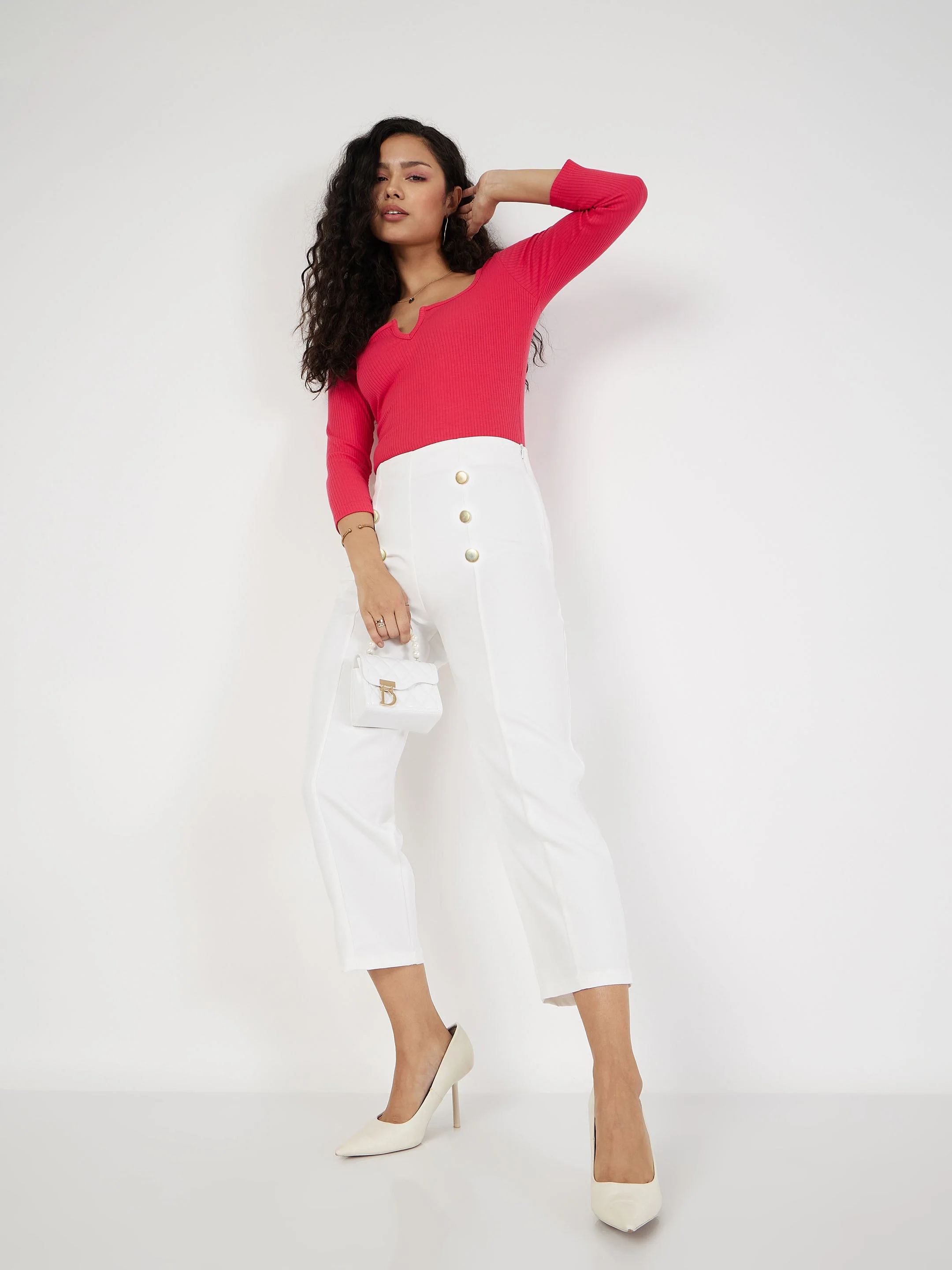 Women White Front Darted Balloon Fit Pants - Image 2