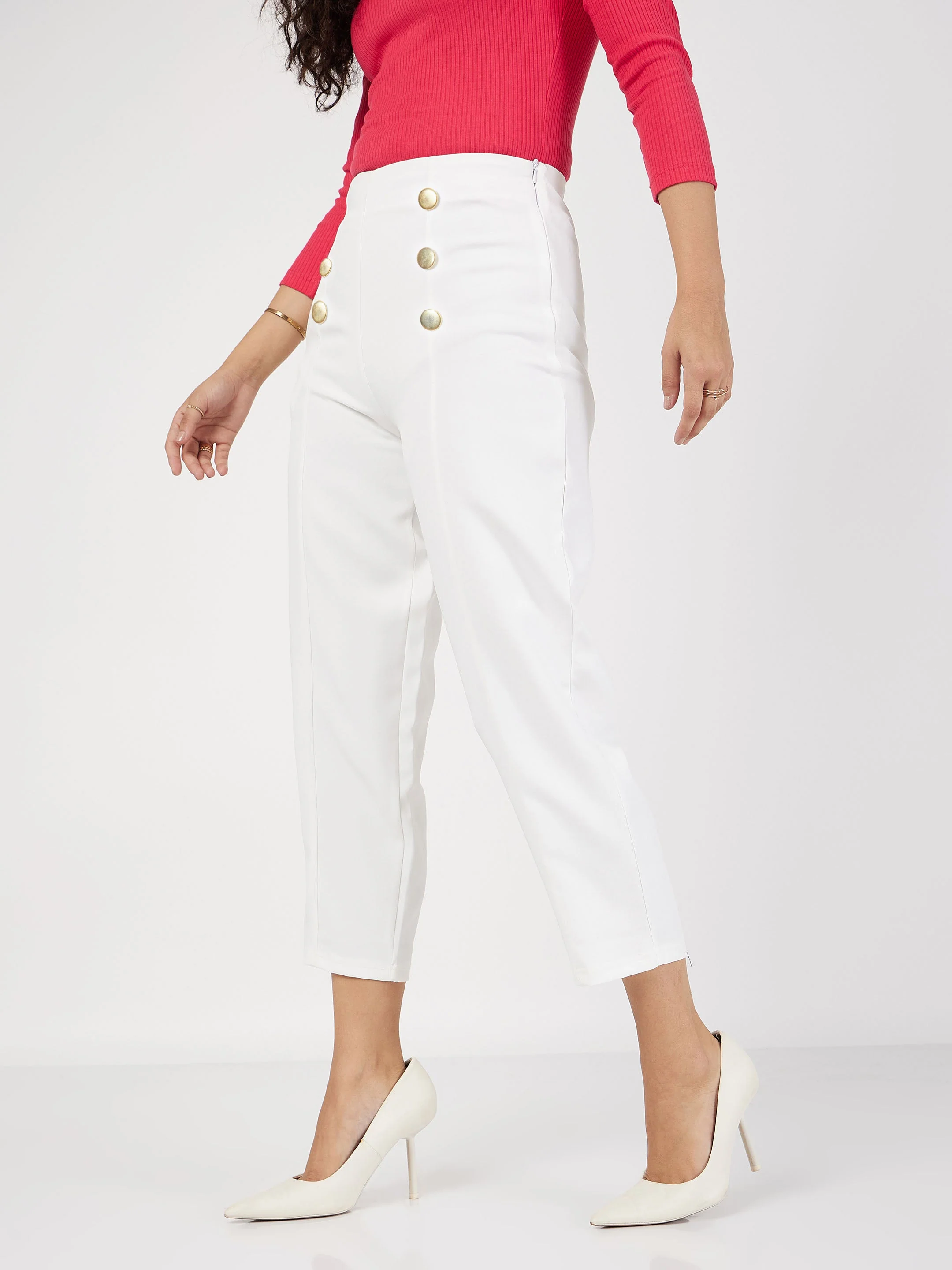 Women White Front Darted Balloon Fit Pants - Image 3