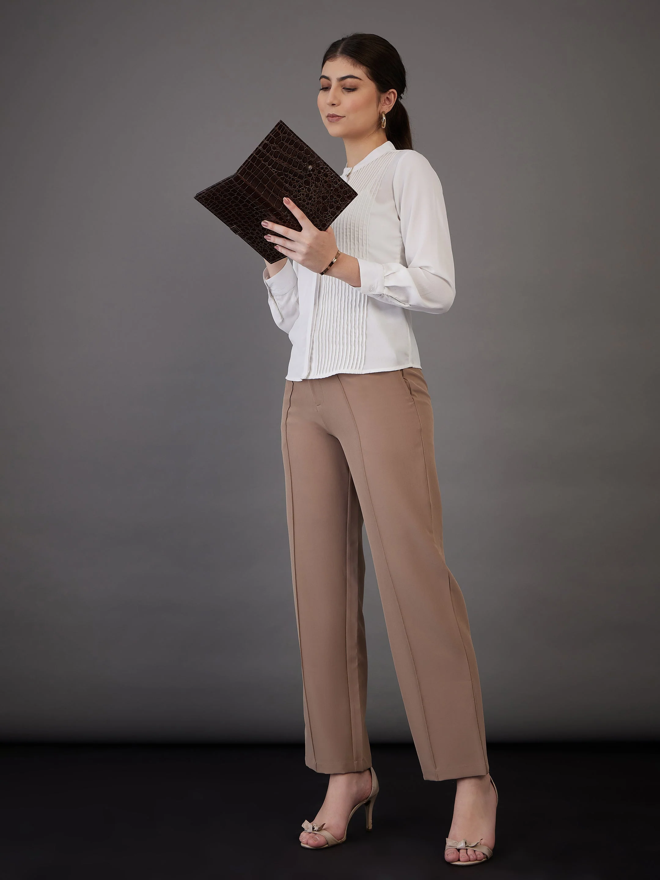 Women White Front Pin Tuck Shirt Style Top - Image 2