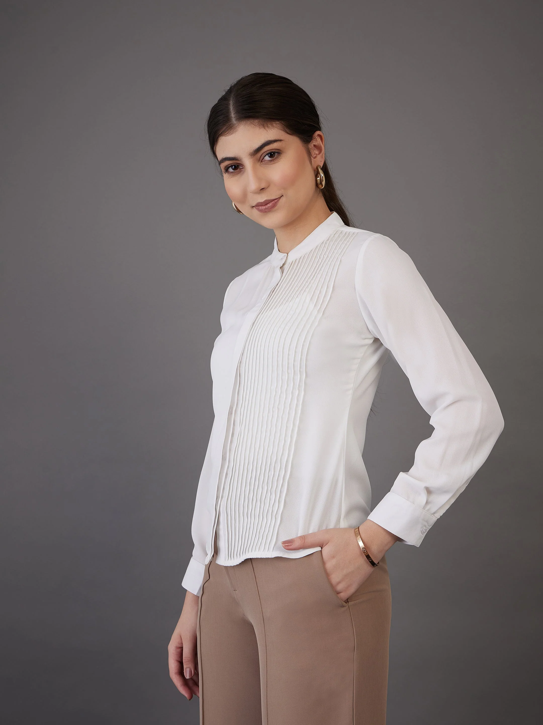 Women White Front Pin Tuck Shirt Style Top - Image 3