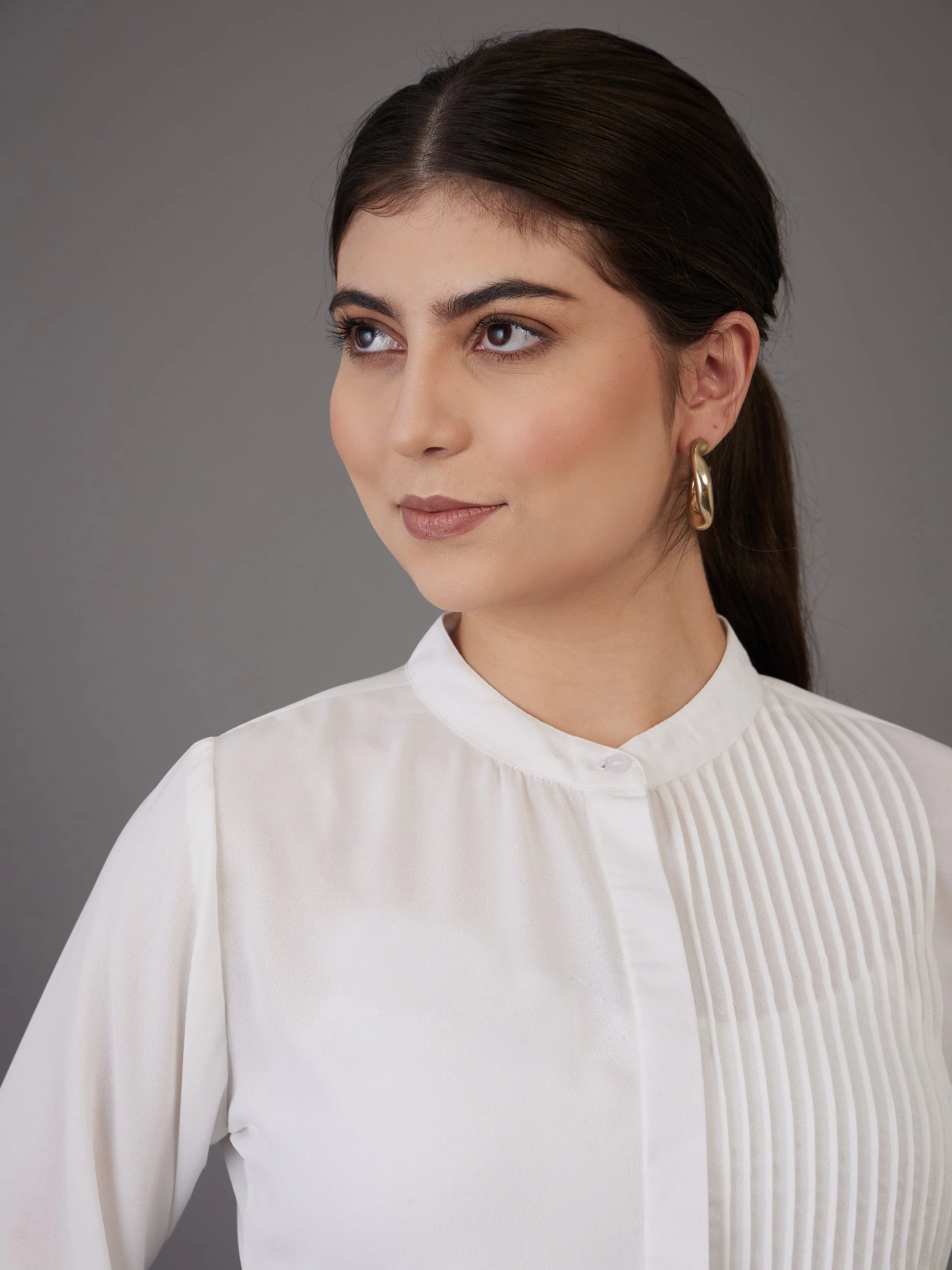 Women White Front Pin Tuck Shirt Style Top - Image 4