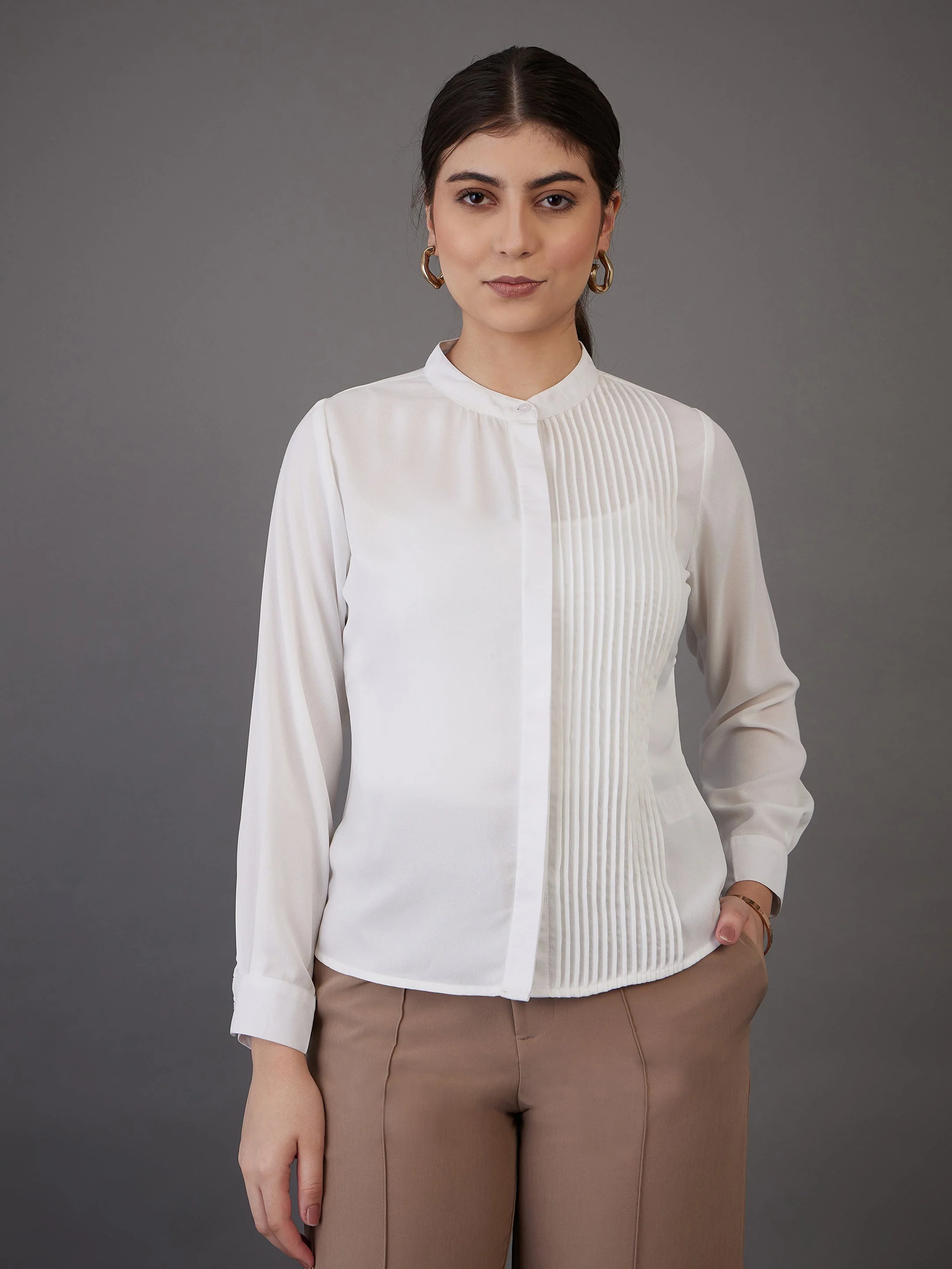 Women White Front Pin Tuck Shirt Style Top - Image 6