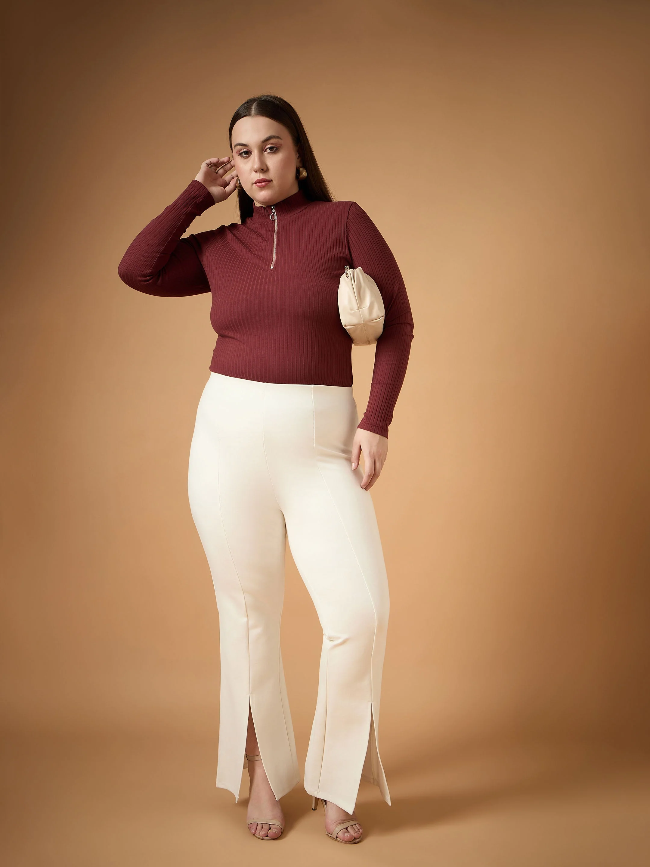 Women White Front Slit Detail Bell Bottom Pants - Image 2