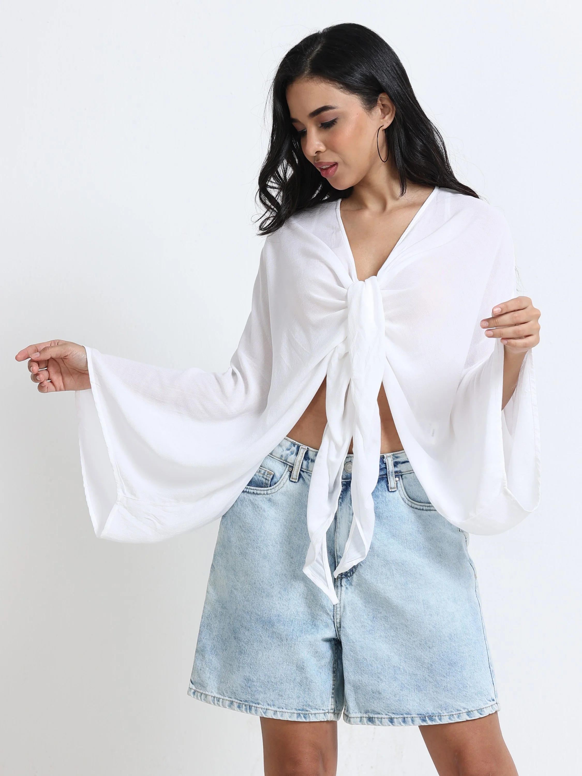 Women White Front Tie Crop Top - Image 2