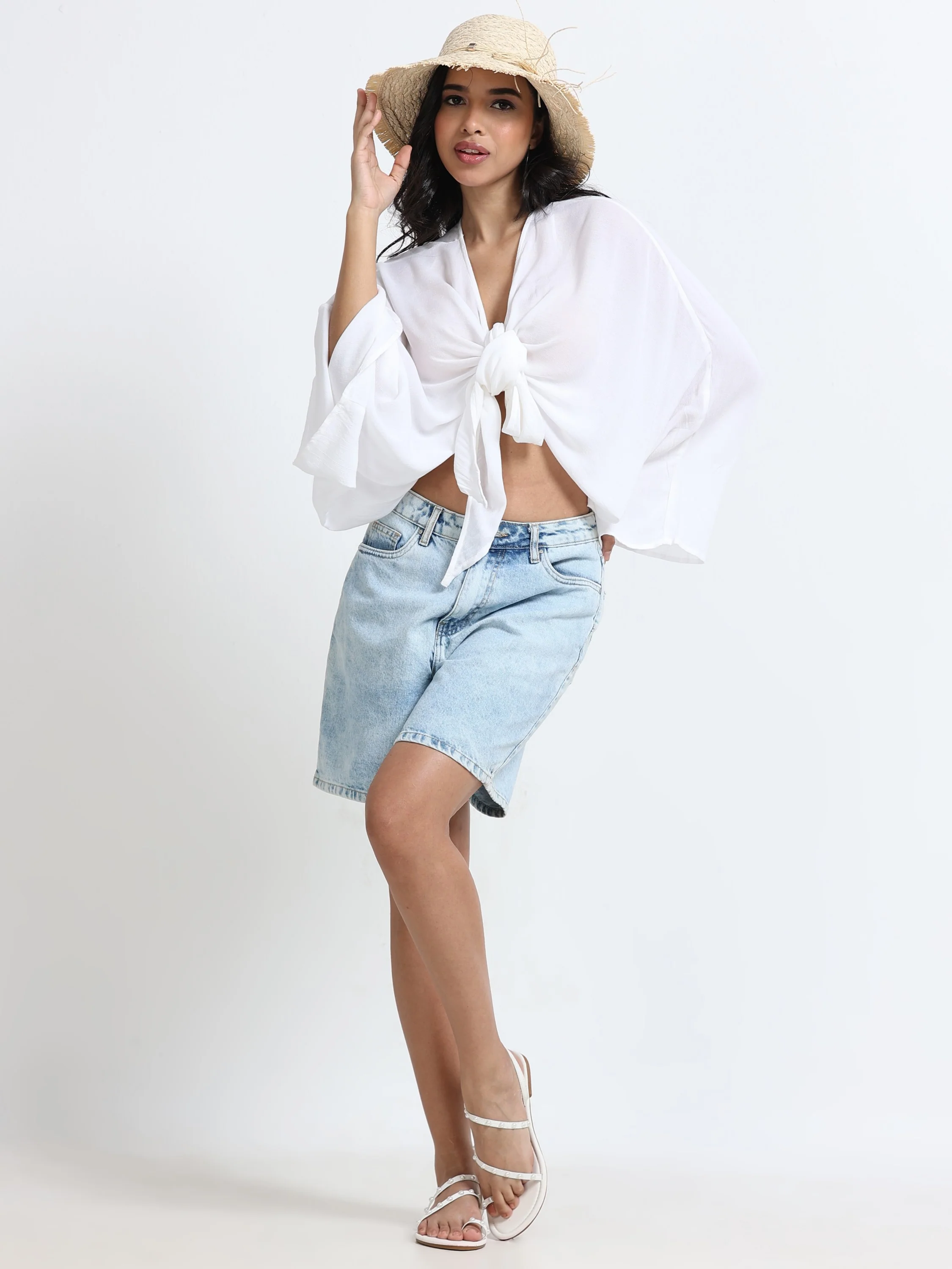 Women White Front Tie Crop Top - Image 6
