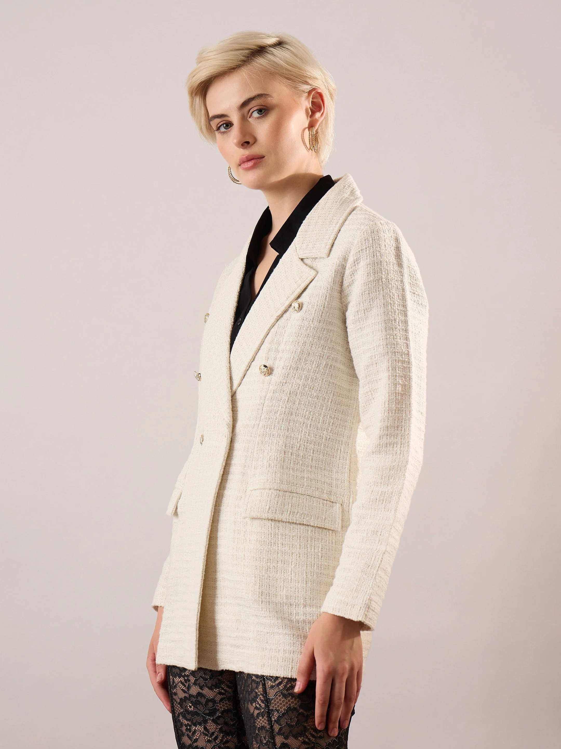 Women White Full Sleeve Blazer - Image 3