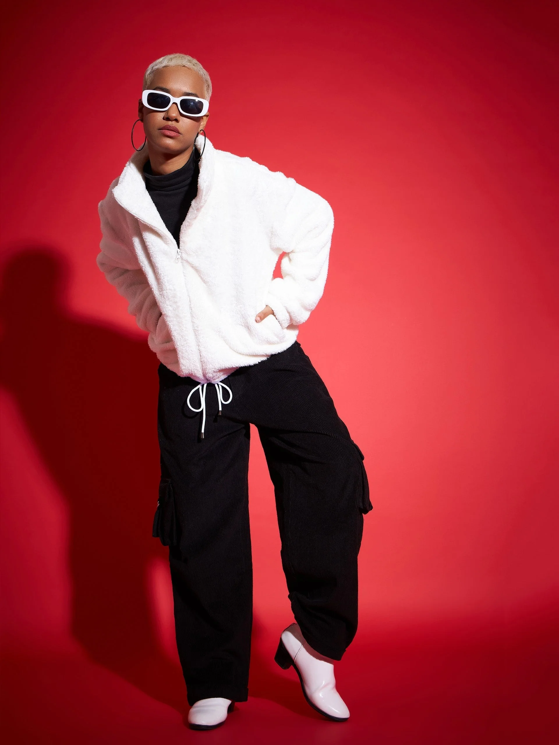 Women White Fur Drawstring Jacket - Image 2