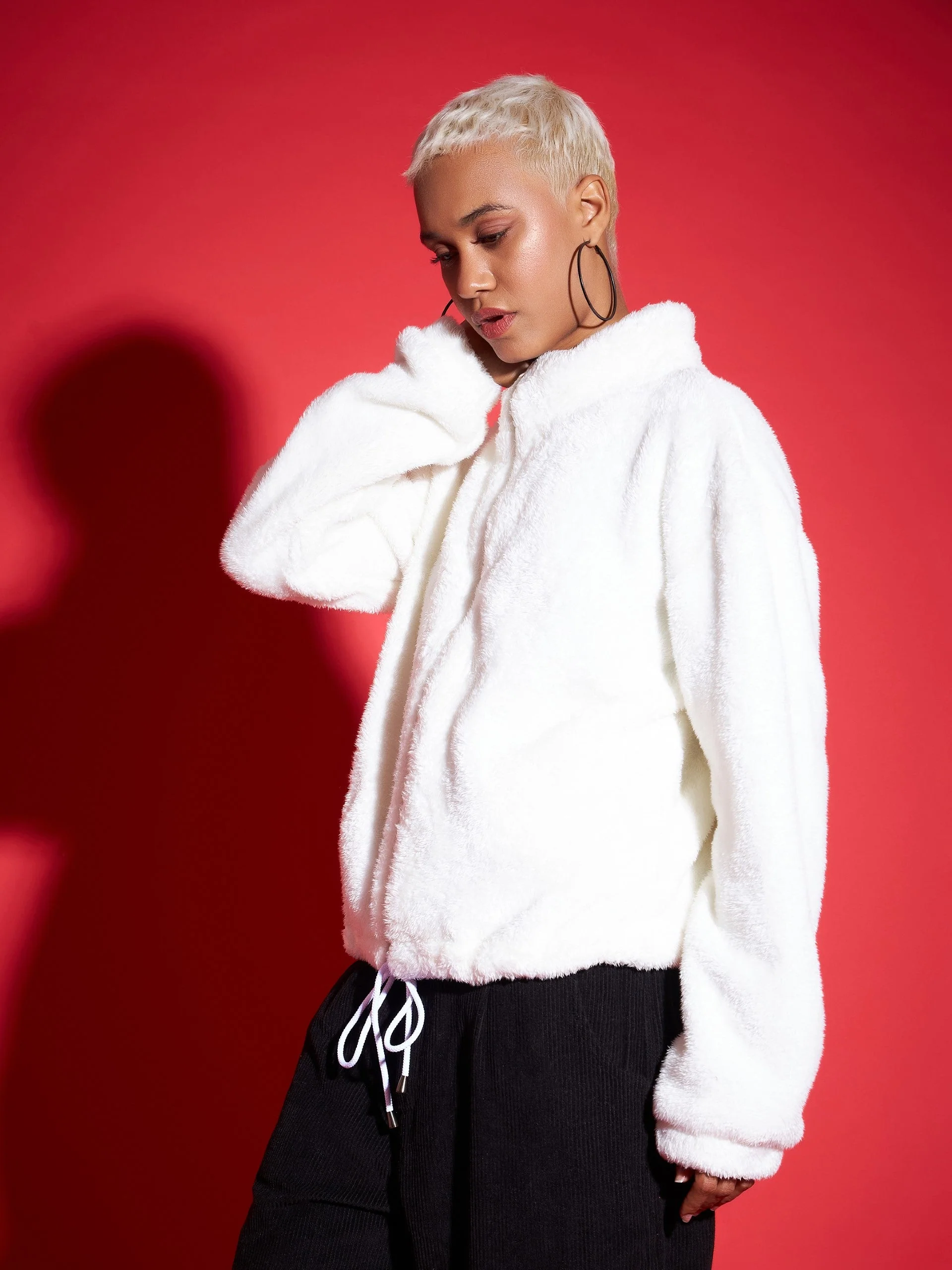 Women White Fur Drawstring Jacket - Image 3