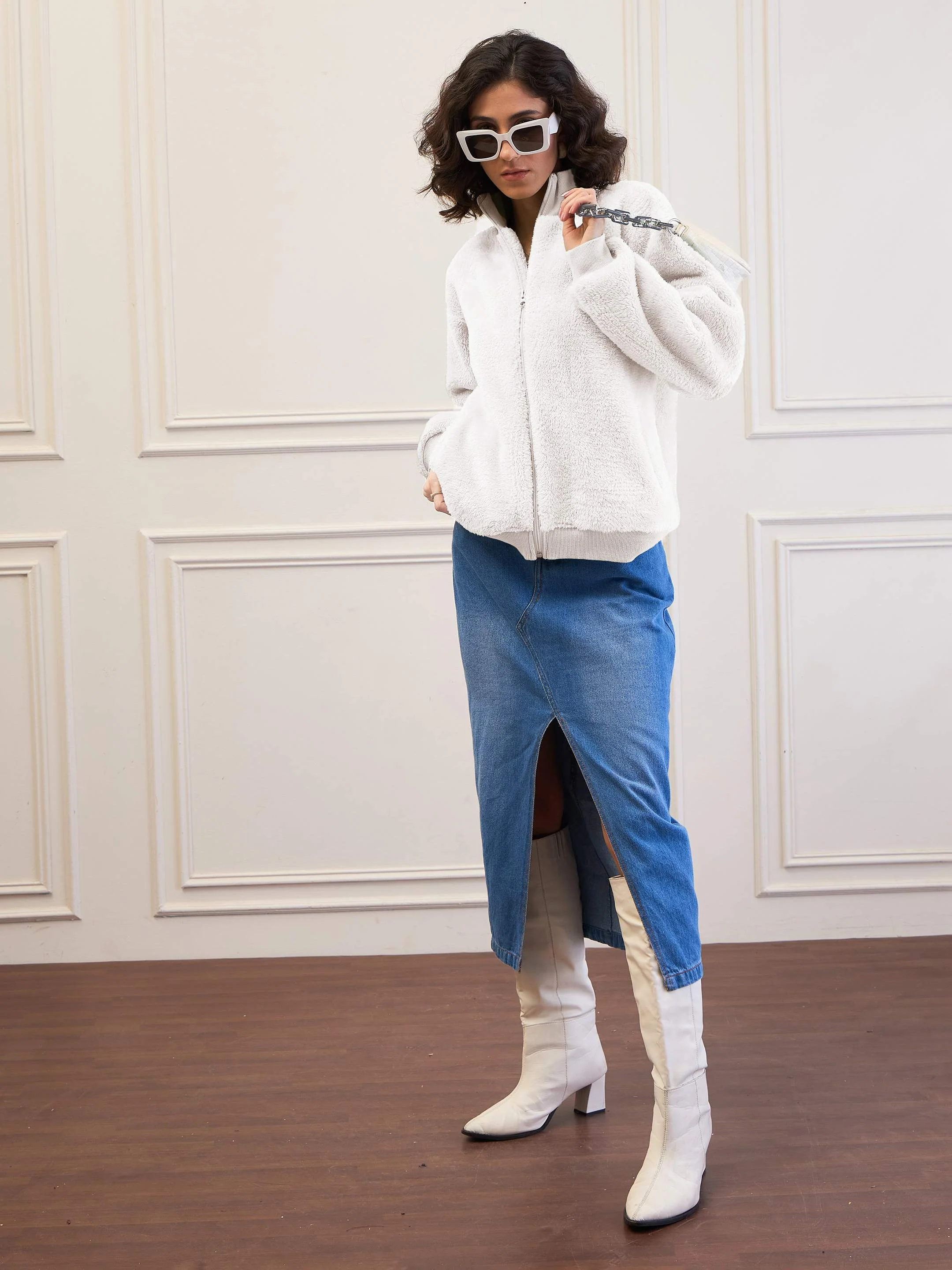 Women White Fur High Neck Front Zipper Jacket - Image 2