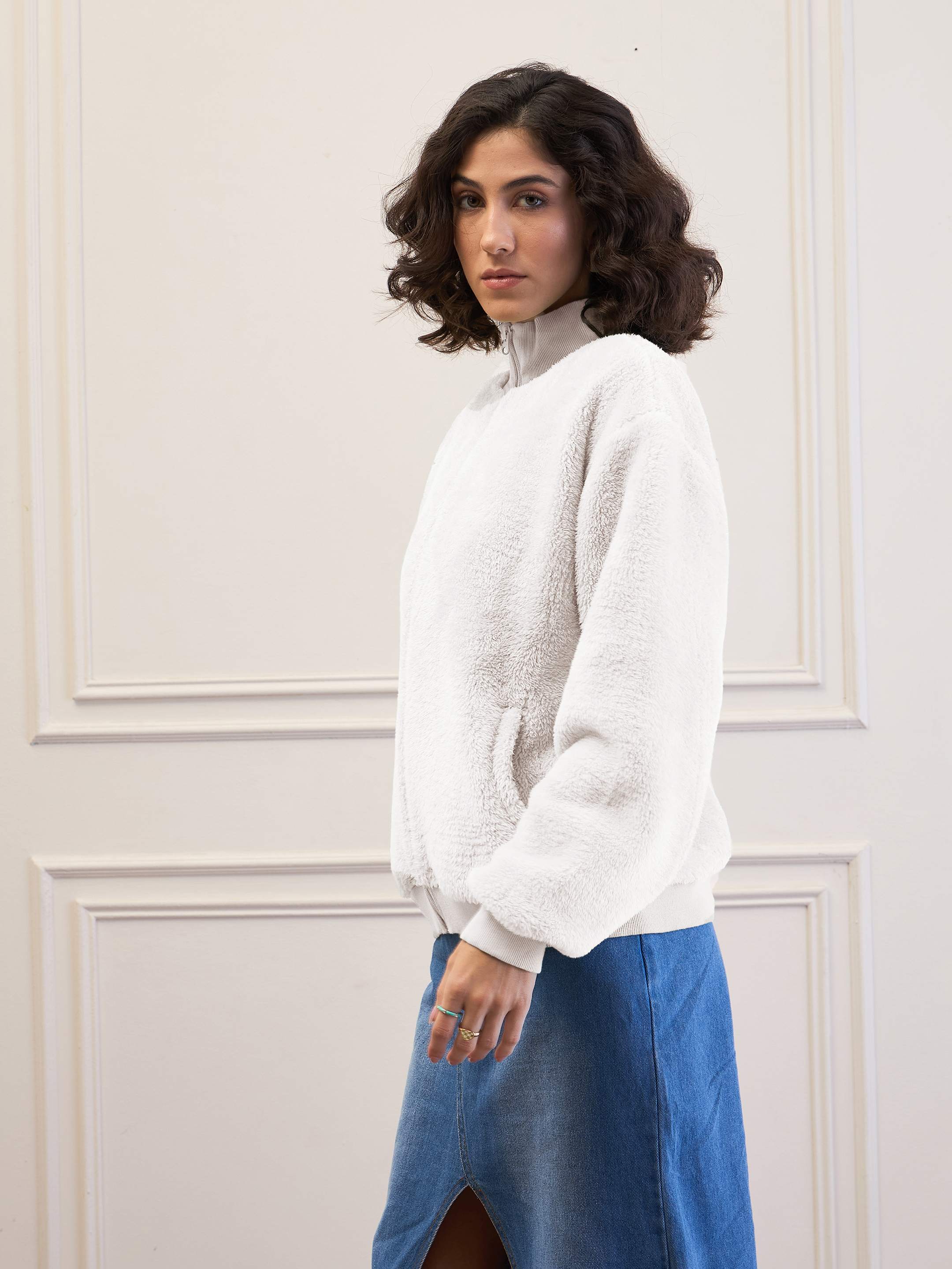 Women White Fur High Neck Front Zipper Jacket - Image 3
