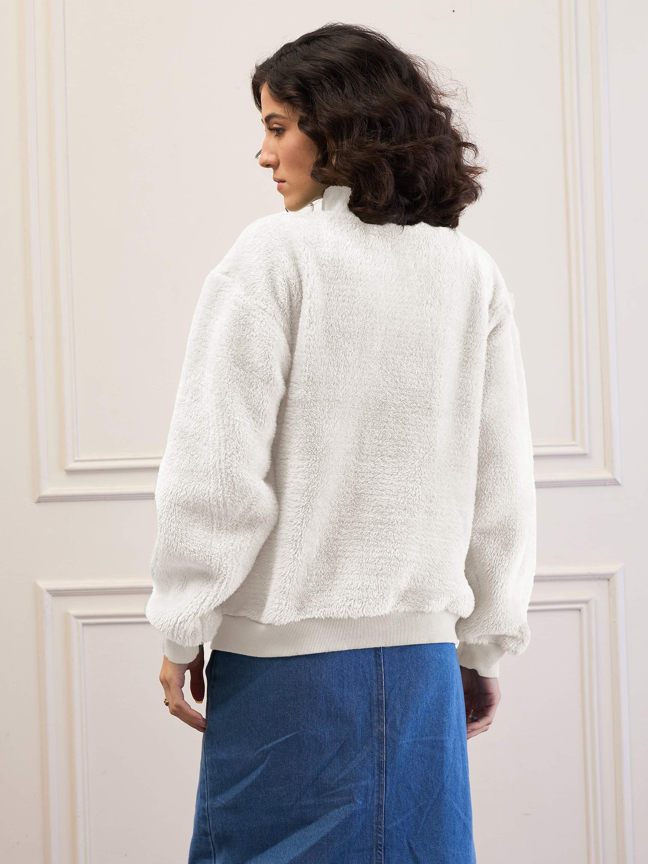 Women White Fur High Neck Front Zipper Jacket - Image 5