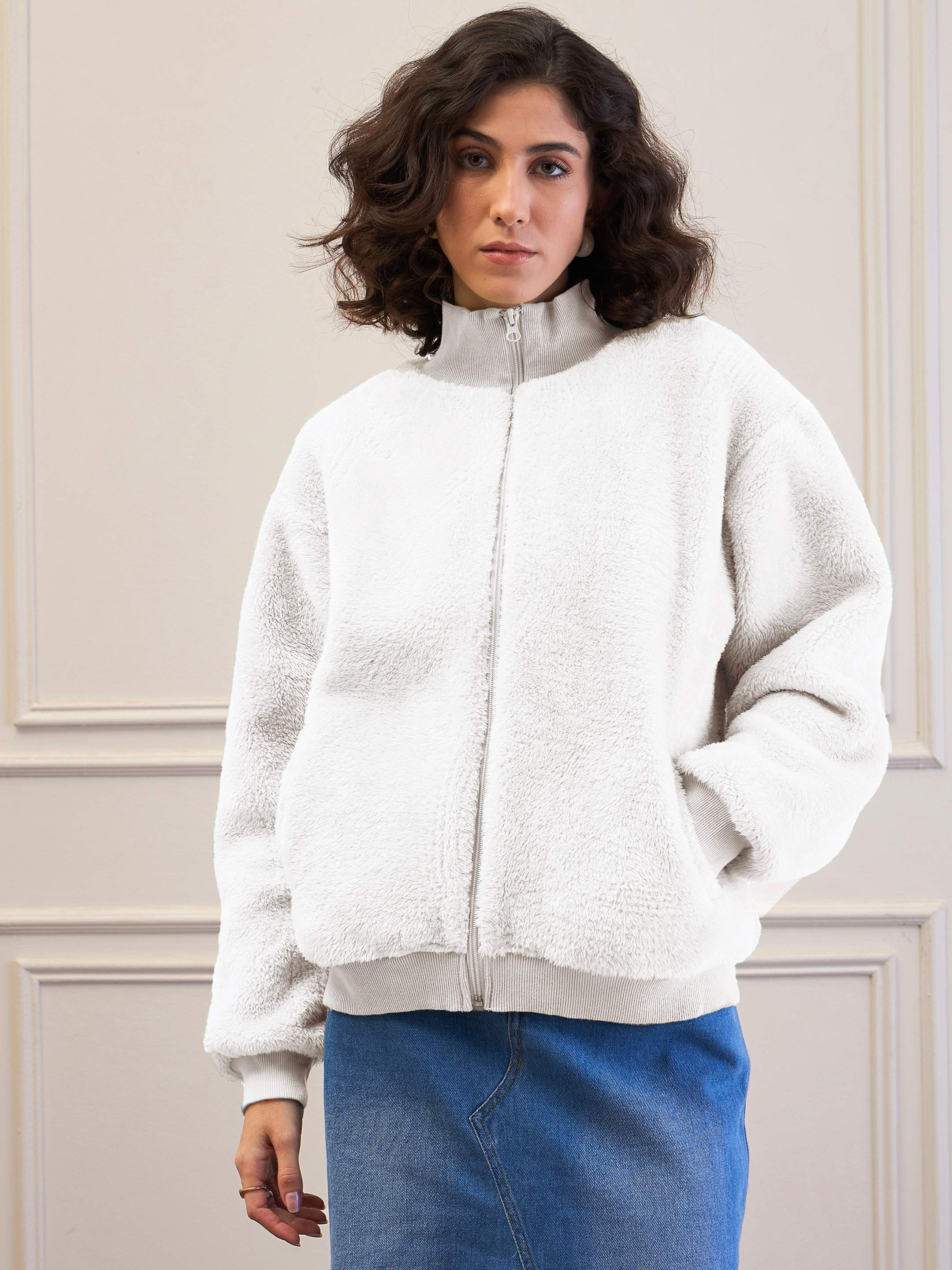 Women White Fur High Neck Front Zipper Jacket - Image 6