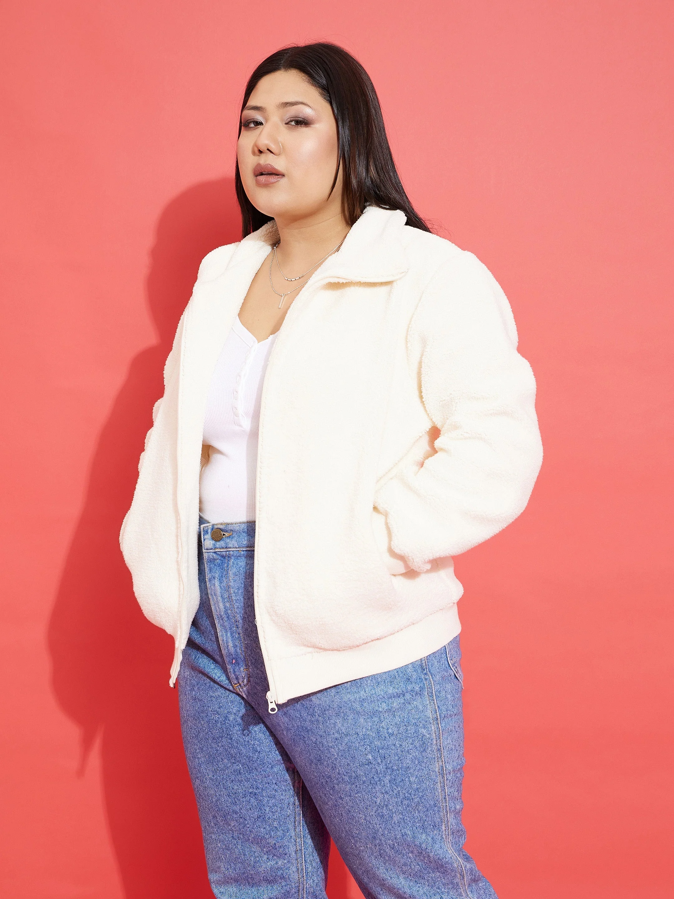 Women White Fur Zipper Jacket - Image 3