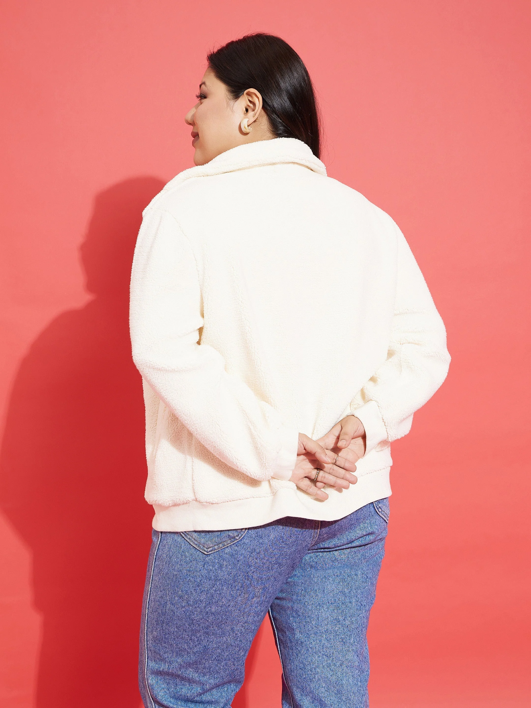 Women White Fur Zipper Jacket - Image 5